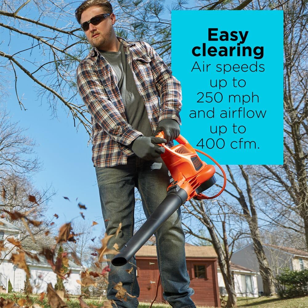 BLACK+DECKER Leaf Blower, Leaf Vacuum and Mulcher 3 in 1, Backpack Blowers for Lawn Care,250 mph Airflow, 400 cfm Delivery Power, Reusable Bag Included, Corded (BEBL7000)