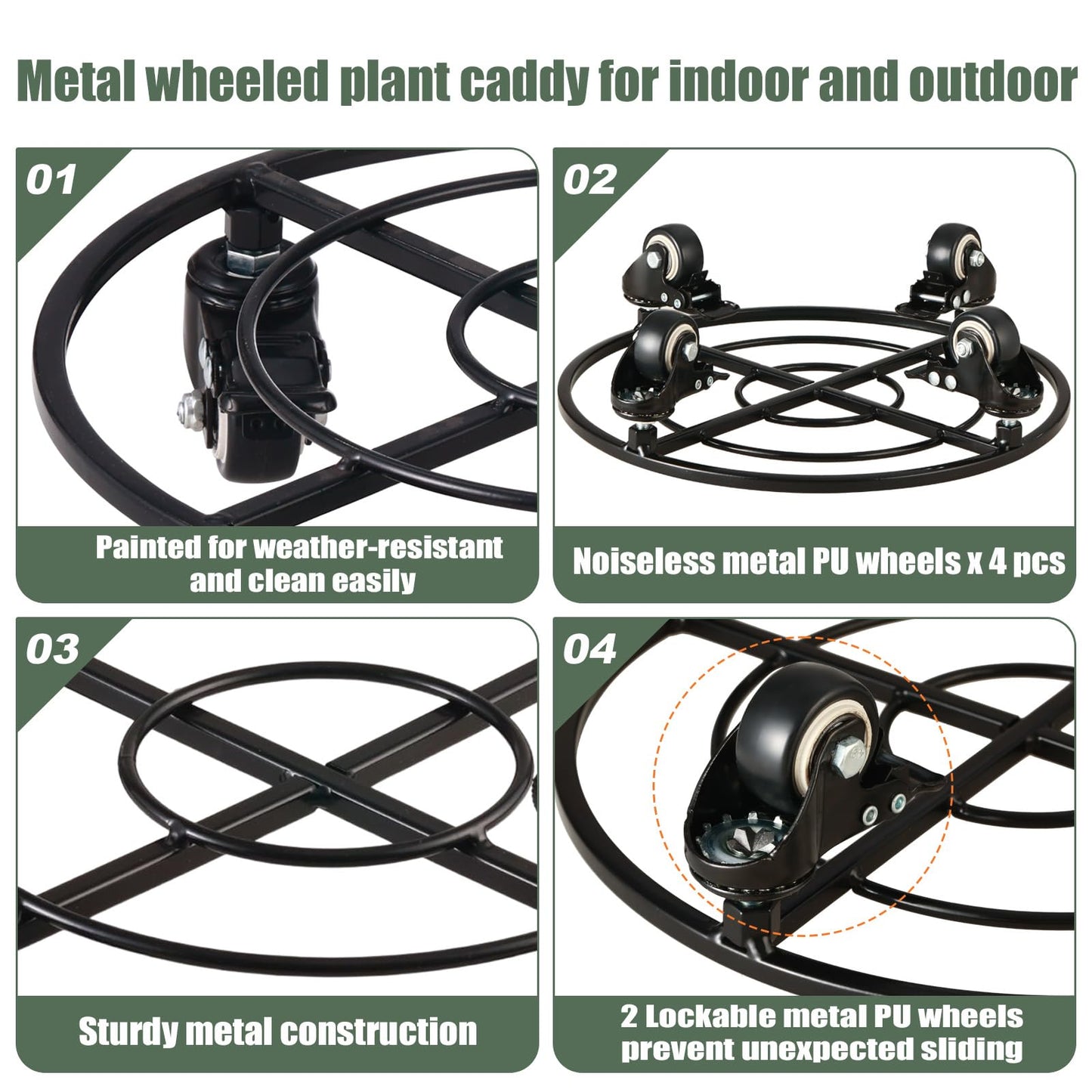 KvyusFlourish 3 Packs Large Metal Plant Caddy with Wheels 13.6" Rolling Plant Stands Heavy-Duty Wrought Iron Plant Dolly Plant Rollers Planter Mover with Casters