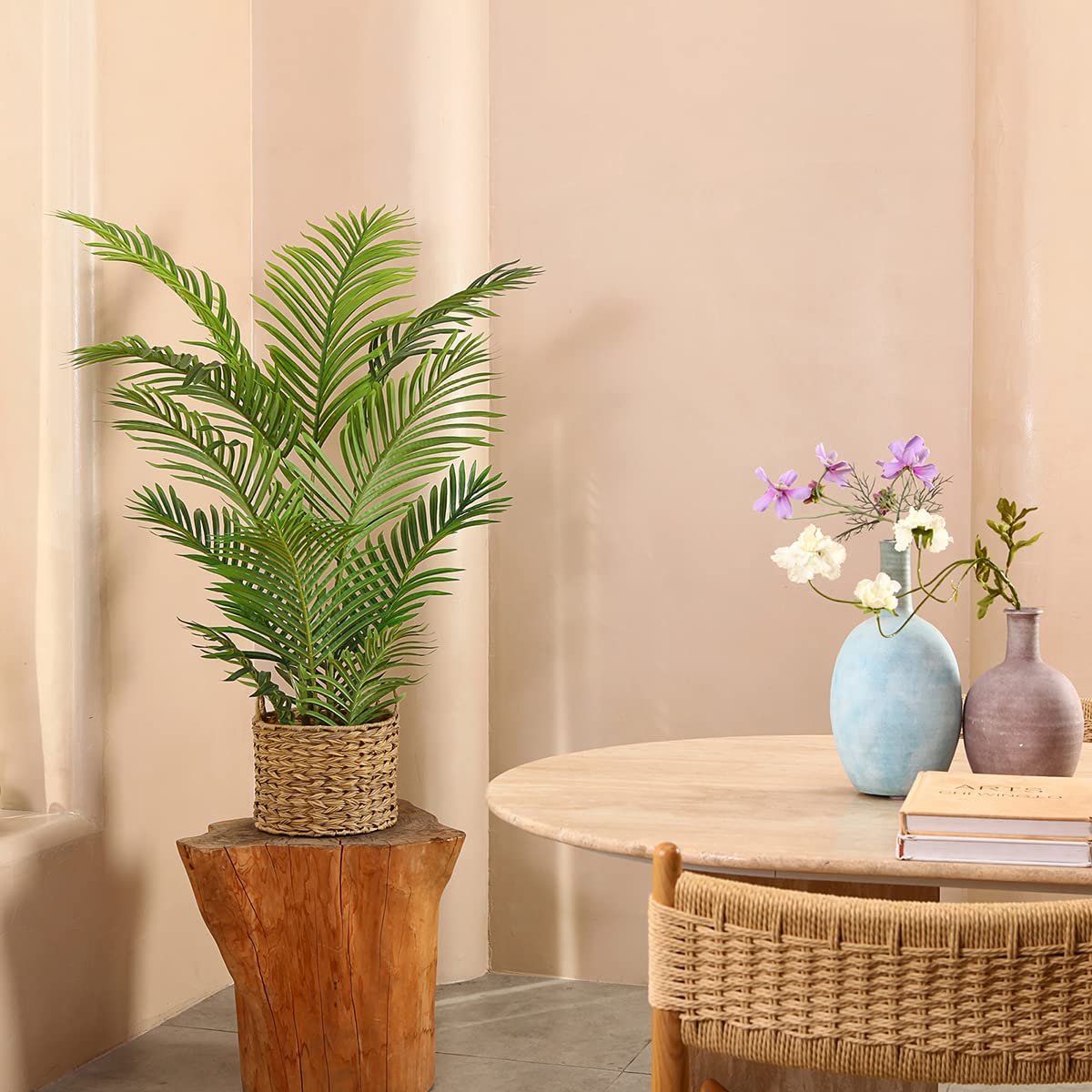 LOMANTO Fake Majesty Palm Plant 4Ft Artificial Tree for Home Decor Indoor Small Faux Trees in Pot Fake Tropical Plants for Housewarming 2Pack
