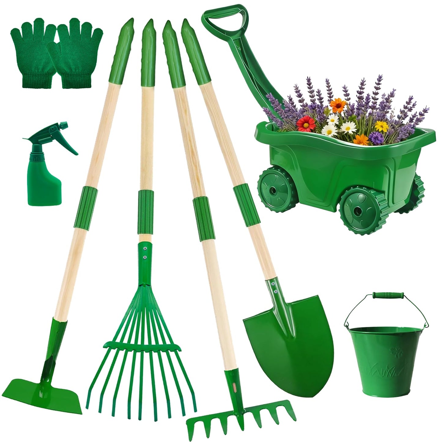 Aka Supaku Kids Gardening Tools Set,8pcs Wheelbarrow Set for Kids with Shovel, Rake, Watering Can Outdoor Backyard Farm Digging Toys, Halloween Christmas Birthday Gifts for Boys Girls