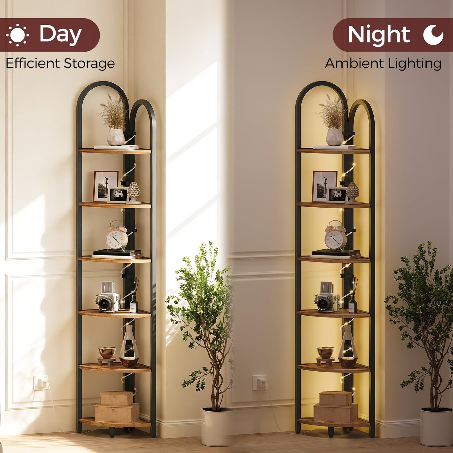 MAHANCRIS 6 Tier Corner Shelf with LED Light, 74.6'' Tall Corner Bookshelf Stand, Narrow Display Bookcase with Storage Rack for Wall Corner, Living Room, Bedroom, Small Spaces, Rustic Brown CSHR66101
