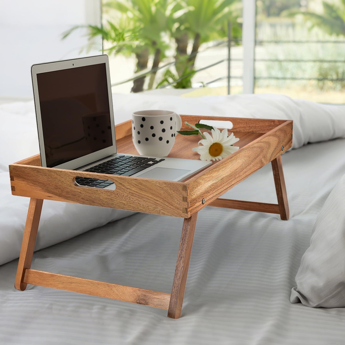 Taxenxar Extra Large Folding Bed Tray Table, 22’’ x 14’’ Acacia Wood Breakfast Tray, Food Serving Tray with Legs for Eating in Bed