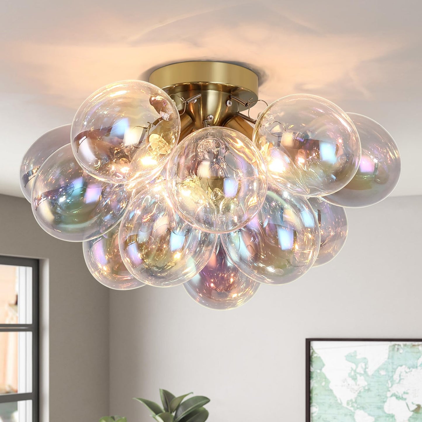 GoYeel Semi Flush Mount Ceiling Light Gold, Colorful Bubble Light Fixture Kitchen 17.7in Mid Century Modern Chandelier Small Glass with 13 Globe for Kid Room Girls Room Foyer Living Room