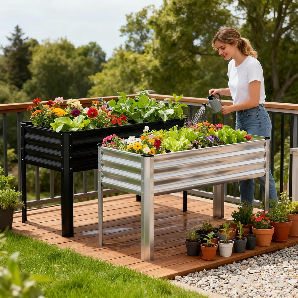 COMHOMA 2 Pack Raised Garden Bed with Legs 4x2x2.5ft,Large Elevated Galvanized Metal Planter Box with Drainage Holes,Outdoor Growing Kit with Gloves Tools for Backyard Patio Lawn,Black