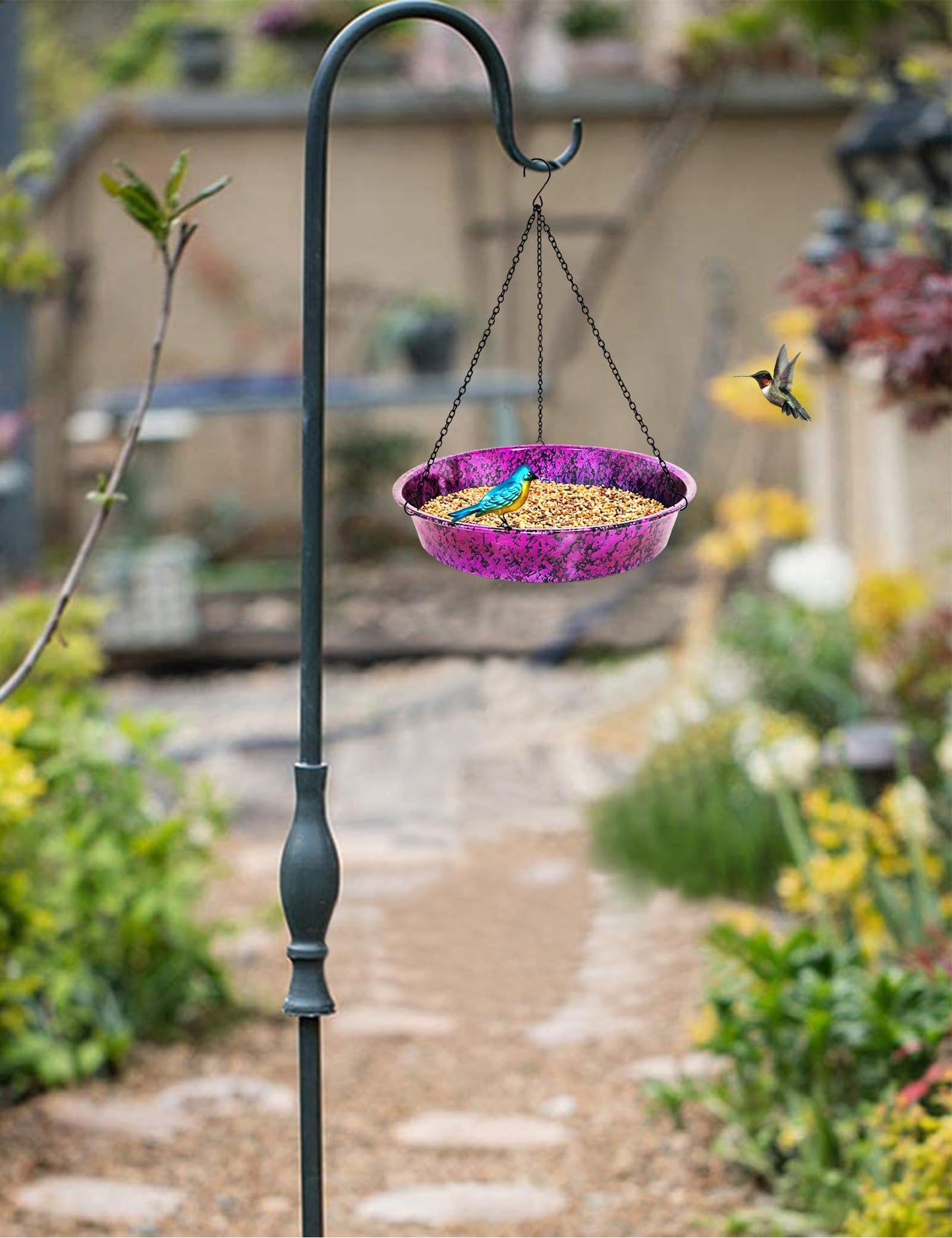 Hanging Bird Bath for Outside, 11.5” Metallic Purple & Blue Metal Birdbath Bowl & Feeder with Black Chain Outdoor Garden Yard Decor