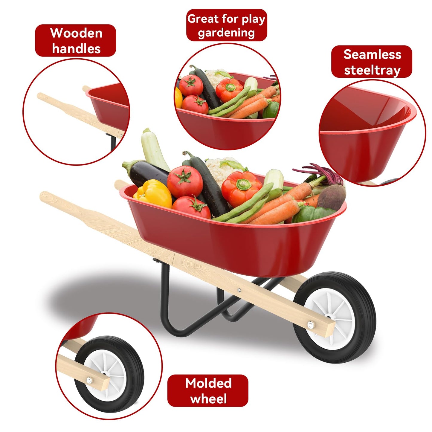 Qtioucp Kids Gardening Wheelbarrow Set, Metal & Wooden Garden Tools for Kids Ages 3-8, Real Wheelbarrows with Apron, Gloves & STEM Guide, Outdoor Backyard Garden Toy Gift (Wheelbarrow Garden Set)