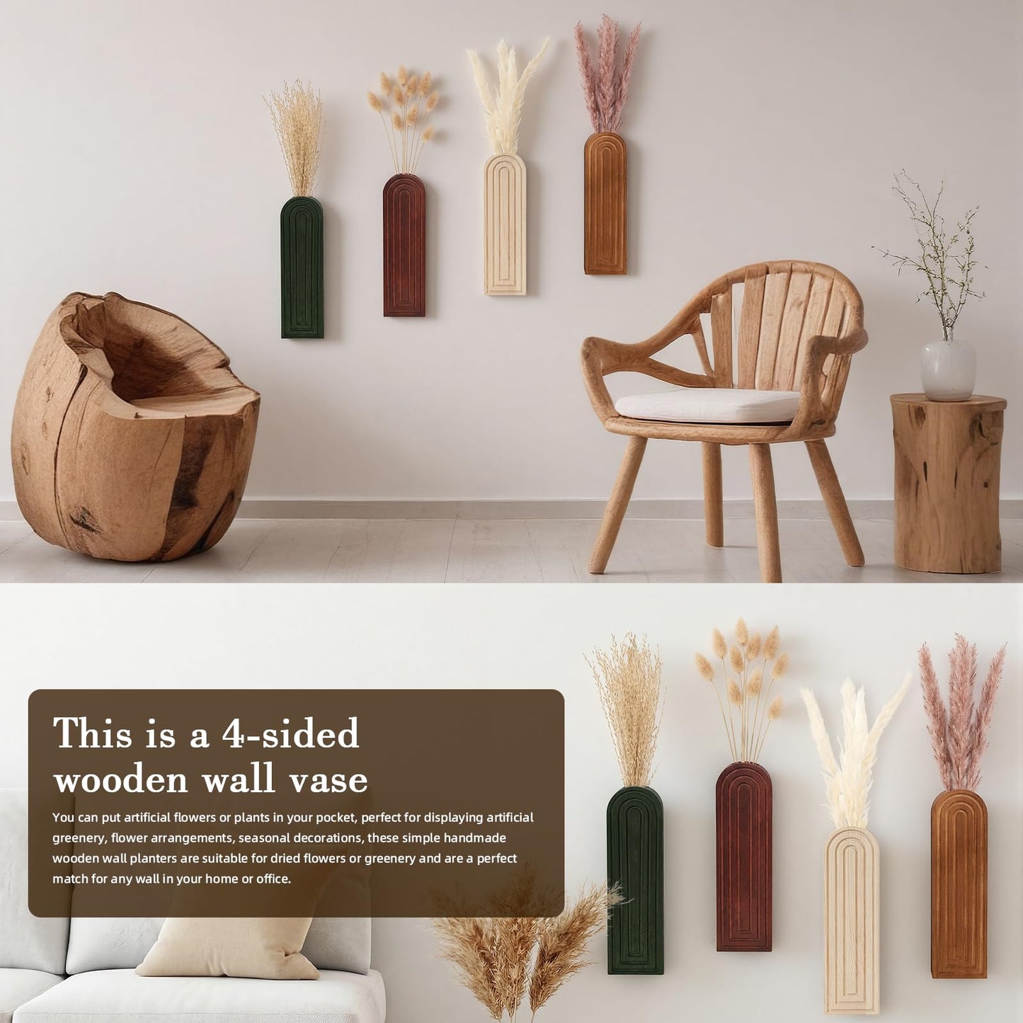 Ninehaoou 4 Pcs Wood Wall Planter Vase with Artificial Flowers, Farmhouse Boho Wall Hanging Decor for Living Room Entryway Bathroom Bedroom Kitchen Office Home Decoration(24 Pcs,Dried Pampas Grass)