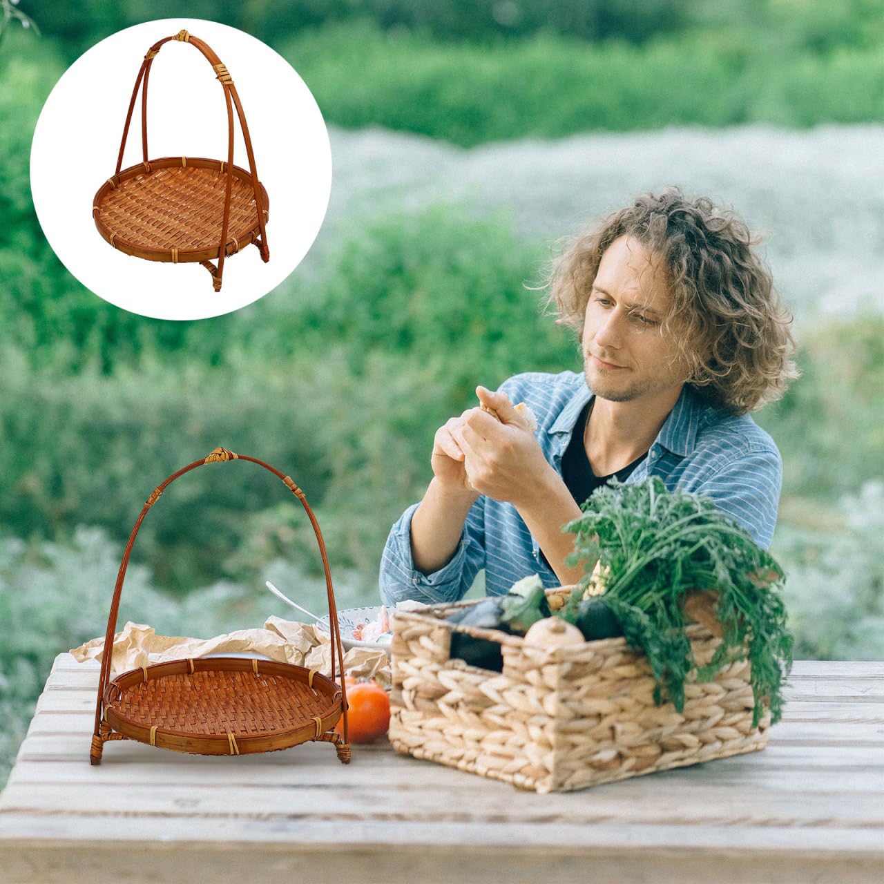 LABRIMP Bamboo Woven Basket with Handle 8.66X7.48X7.48In Rustic Snack Stand Fruit Dessert Organizer for Kitchen Countertop Storage and Party Display