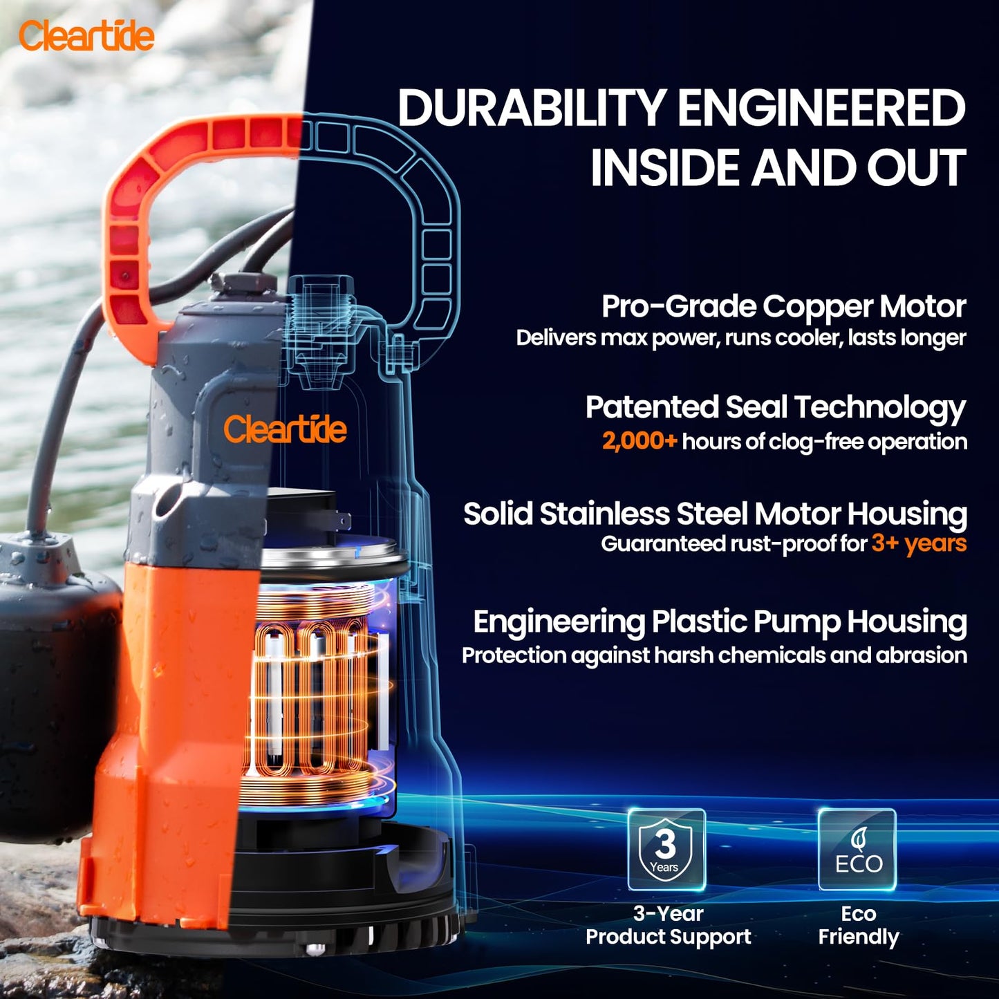 Cleartide Submersible Sump Pump with Tethered Float Switch, 1/4 HP Utility Water Pump,100% Copper Motor, Electric Drain Pump Handles 1/8" Solids, 10 FT Cord