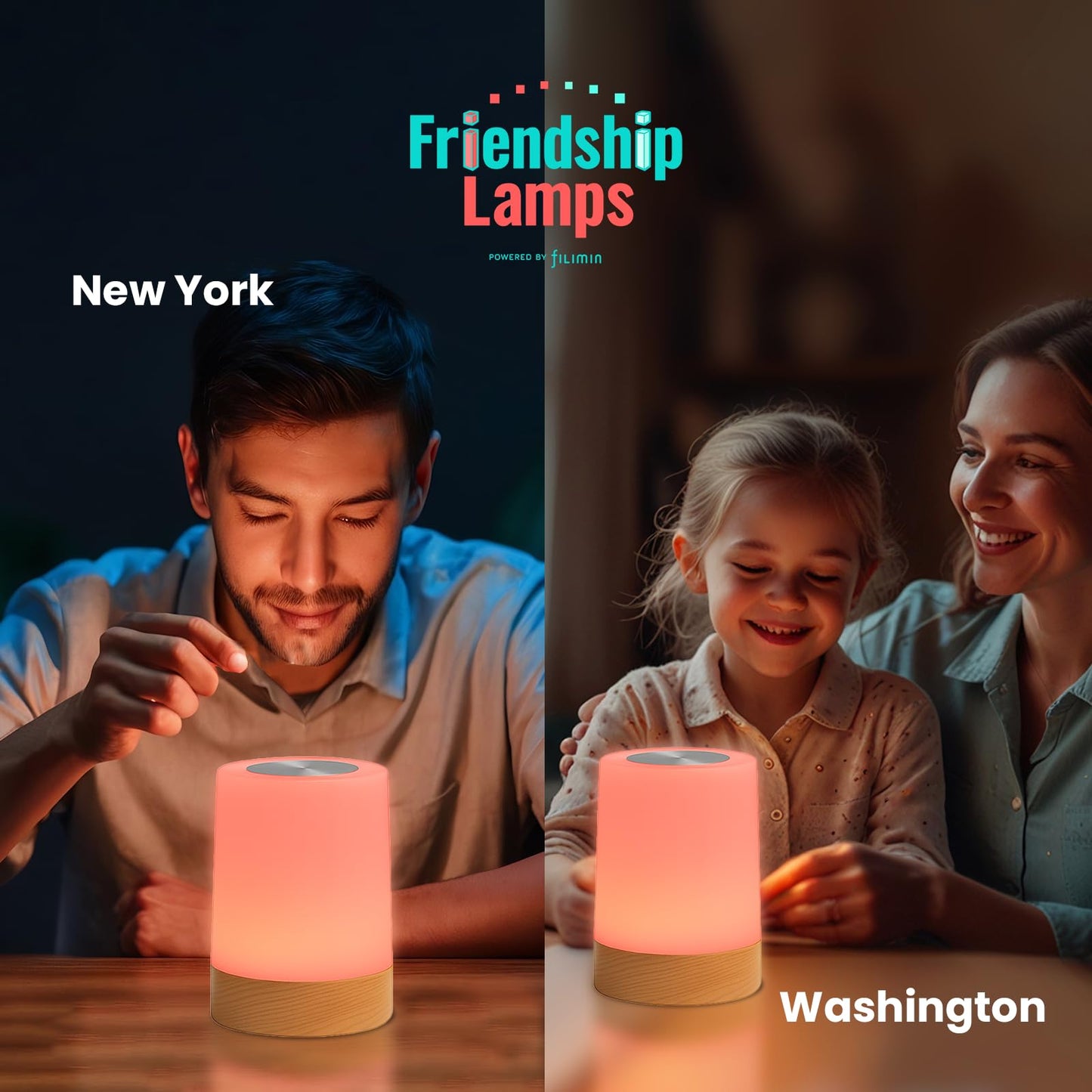 Friendship Lamp Lumi by Filimin - Best Friend WiFi Touch Lamp Real Beech Wood LED Light for Long-Distance Connection, Relationship, Friendship, Gifts, Couples, App Setup, No Subscription - Set of 2