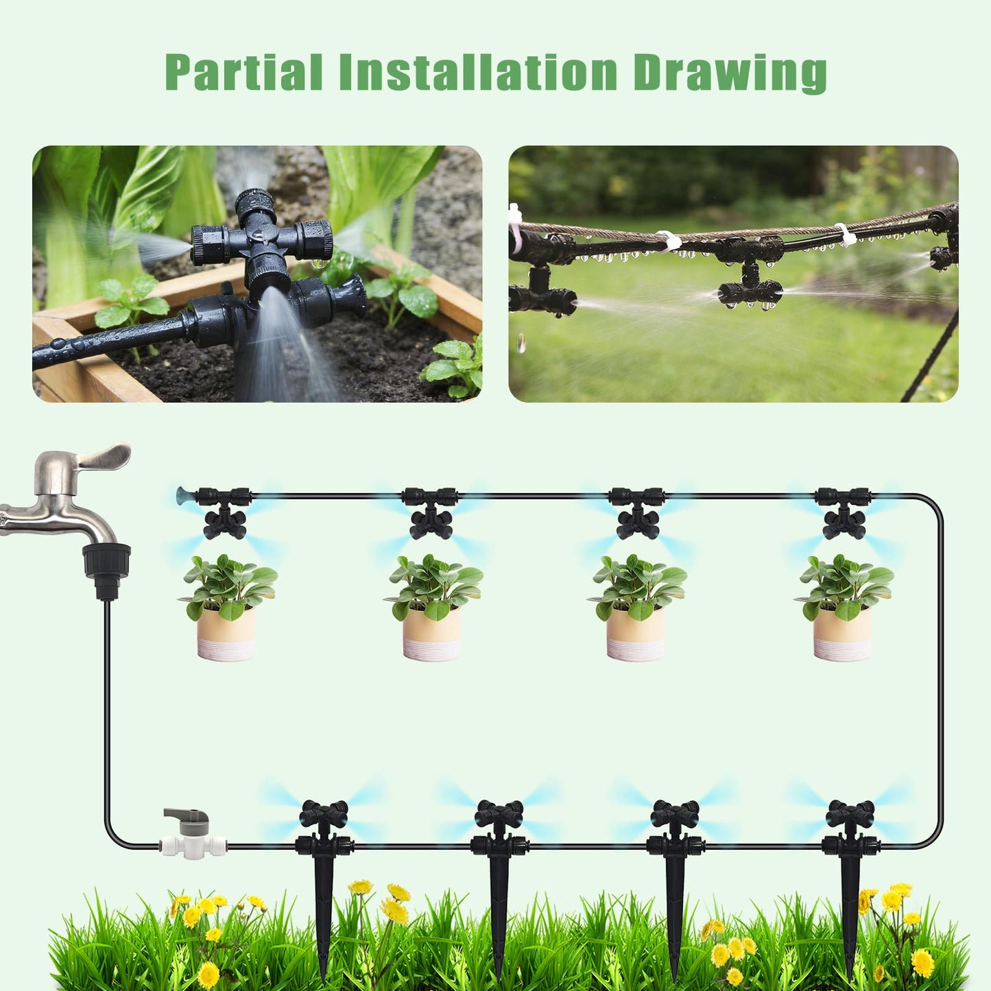 50FT Drip Irrigation System Kit Automatic Garden Watering System with 1/4" Drip Tubing & Quick Connect Fittings Adjustable Mist and Linear Columnar Modes for Greenhouse, Raised Garden Beds, Lawn, Yard