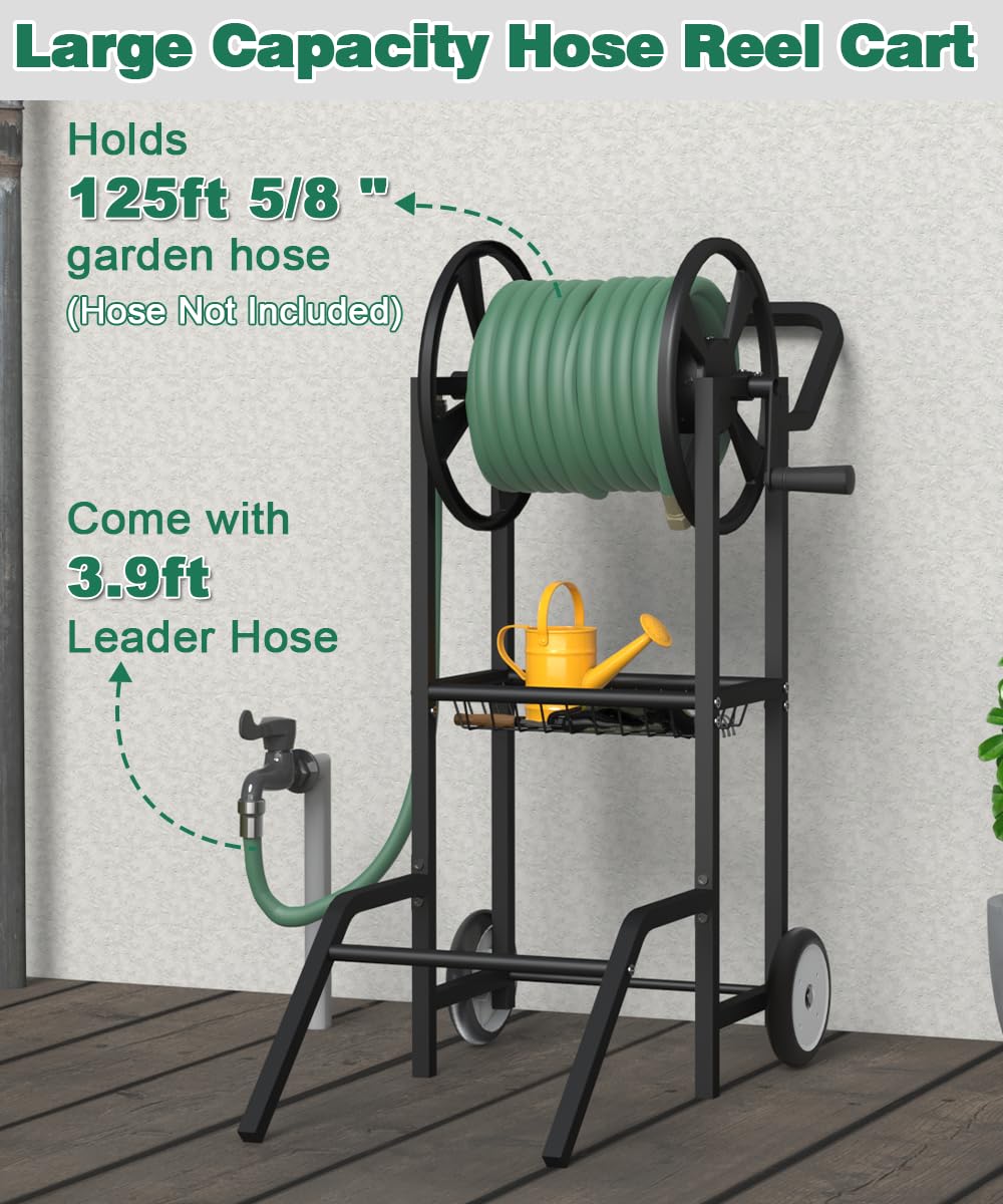 Artigarden Hose Reel Cart with 2 Wheels, Garden Water Hose Holder Heavy Duty Powder Coated Steel Outdoor Winder Storage Holds 125 ft 5/8" Hoses with Basket and 3.9ft Leader Hose for Backyard, Black