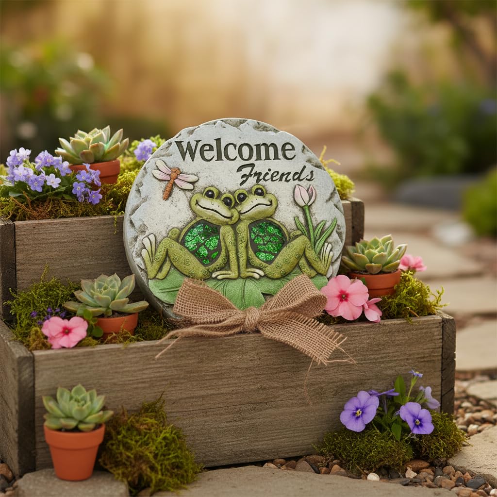 Comfy Hour 10" Frog Garden Stepping Stone, Welcome Friends Concrete Decorative Plaque, Artisan Crafted Walkway Accent for Outdoor Patio & Lawn, Green & Grey, 1 Unit