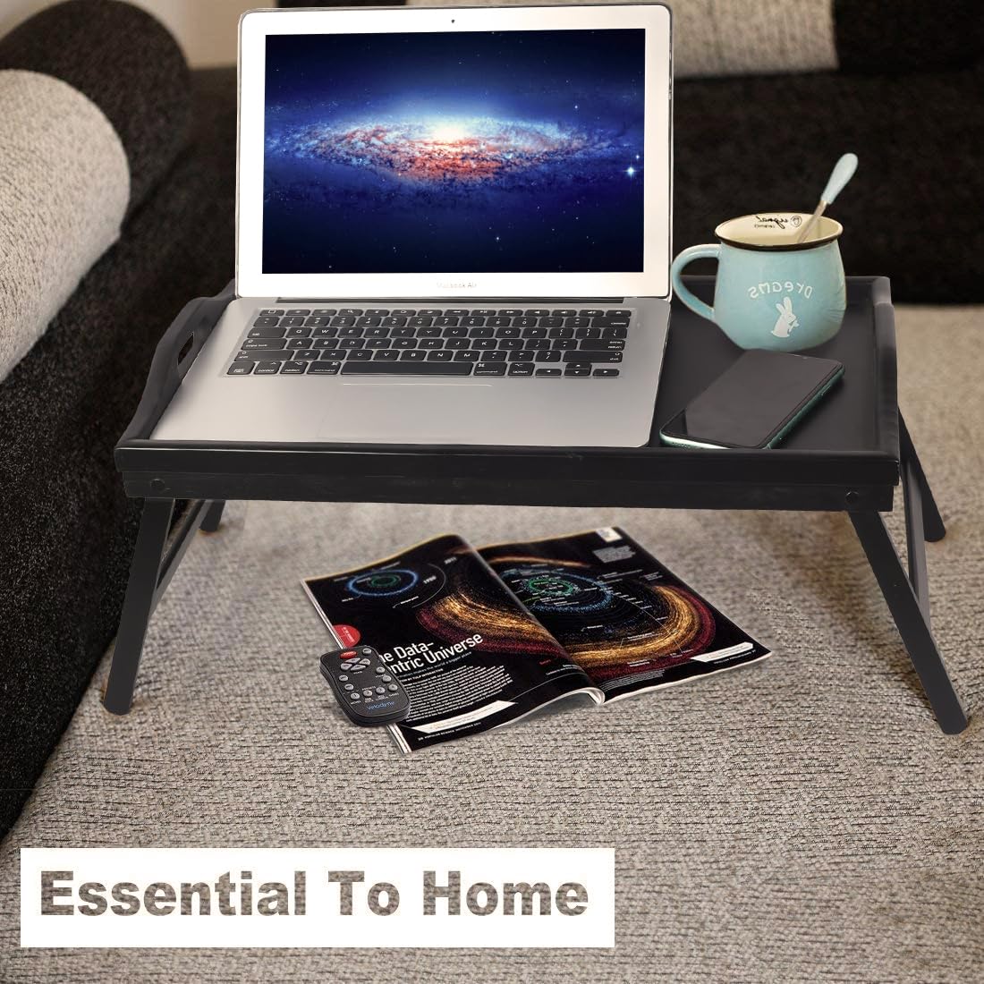 Jibanie Multi-Purpose Bamboo Wood Lap Desk - Folding Legs, Breakfast Food Tray, Serving Dinner Tea TV Tray - Lightweight, Minimalist Black