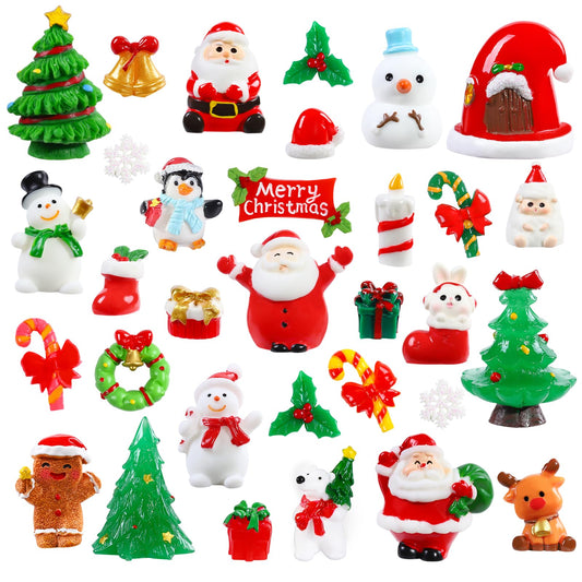 DIYDEC 32Pcs Christmas Miniature Figurines, Mini Resin Figurines to Hide Small Resin Santa Claus Snowman Xmas Trees Animals for Xmas Goodie Bag Fillers Winter New Year Holiday Party Favors Decorations