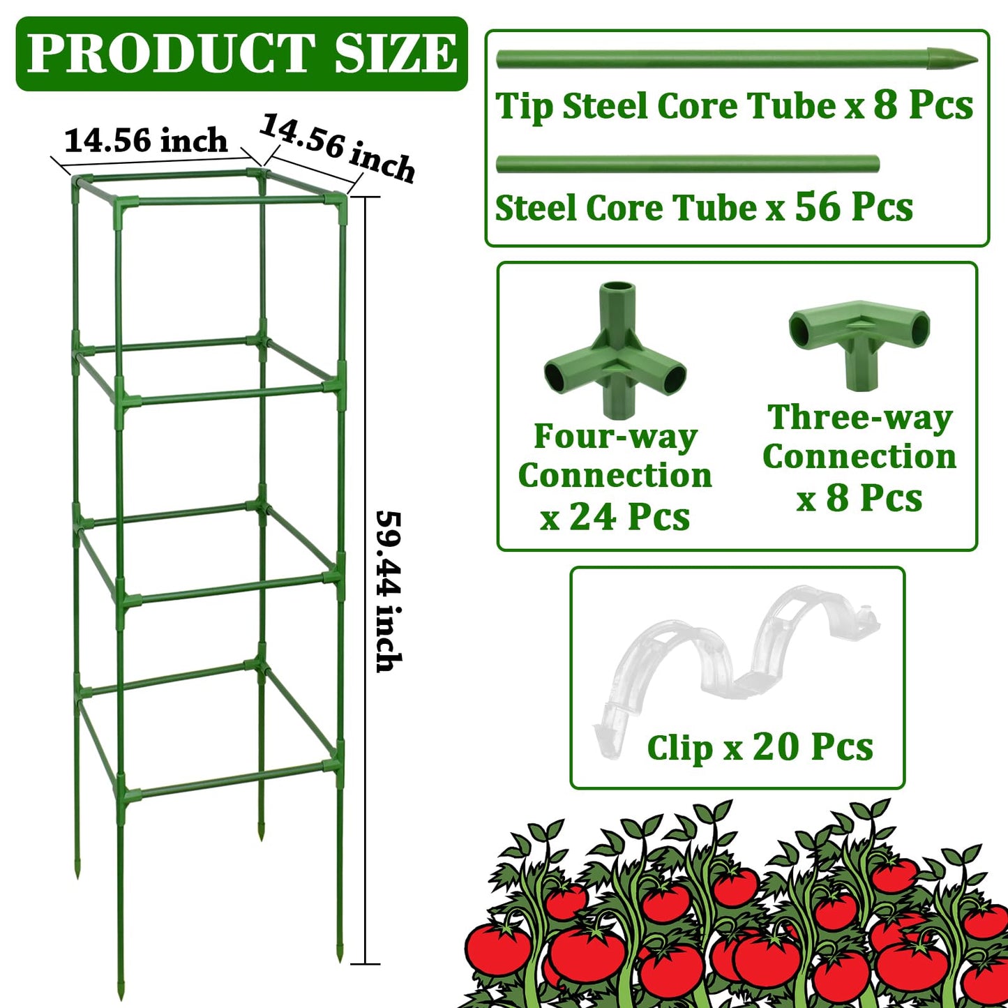 ZeeDix 2 Pack Heavy Duty Tomato Cages for Garden 60 Inches, Square Adjustable Tomato Trellis Cage Climbing Plant Support Trellis Plant Cages for Climbing Vegetables Flowers with 20Pcs Clips