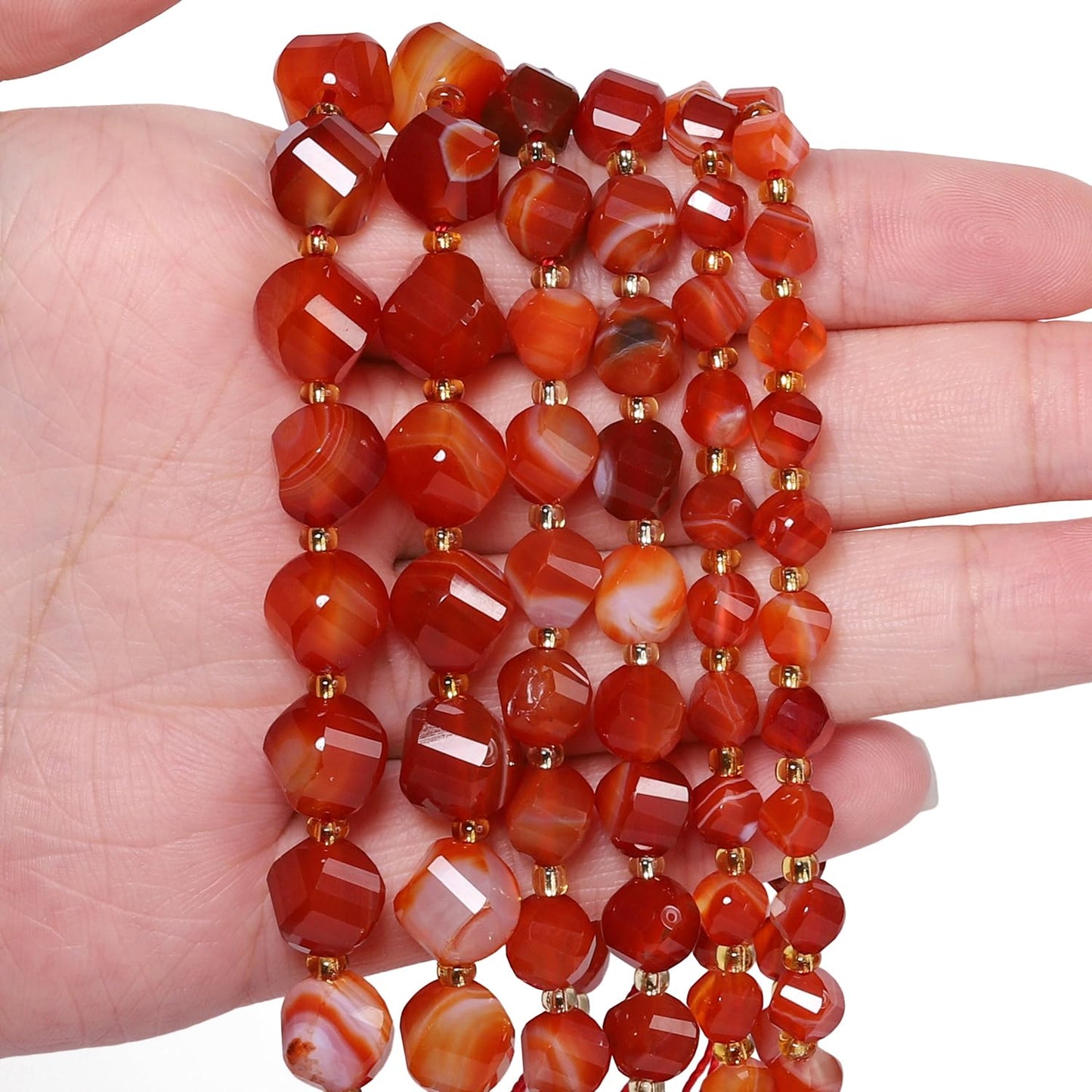 Yochus 42pcs Natural Red Striped Agate Stone Beads for Bracelet，2strands 6mm Facted Twist Loose Gemstone Beads for Jewelry Making DIY Craft Necklace Earring