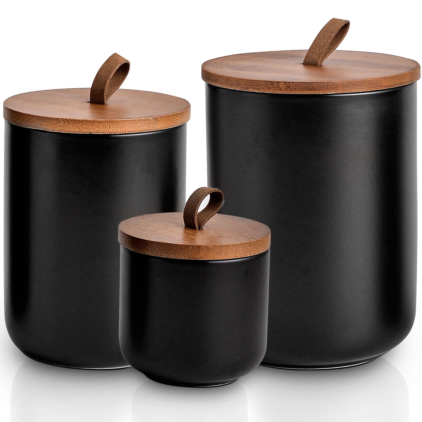 CoorFormer Black Ceramic Canister Set with Bamboo Lids, 3-Piece Airtight Food Storage Jars for Kitchen - Flour, Sugar, Coffee, Tea, Spice - Small, Medium, Large Sizes