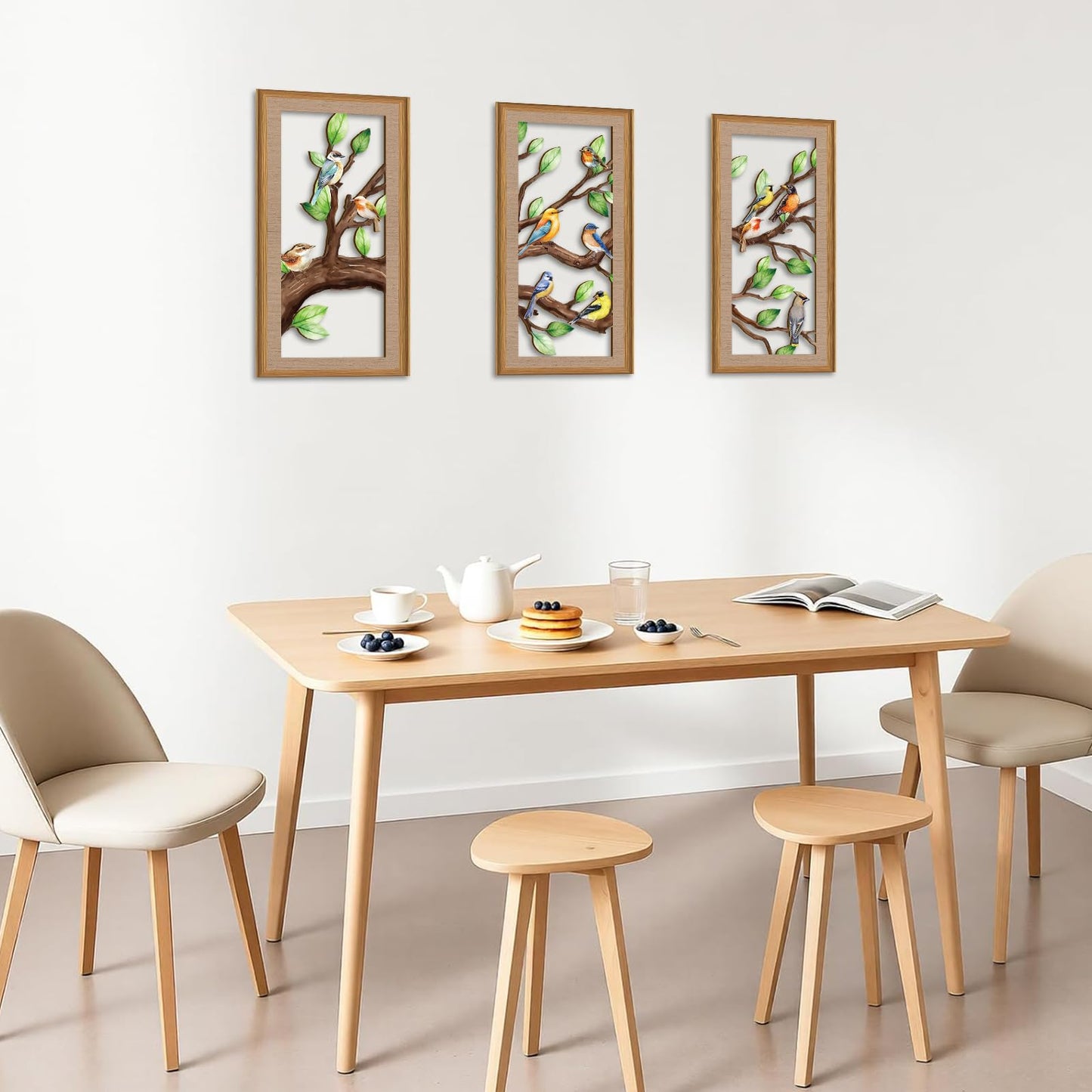 Ausril 3 Pcs Birds Tree Branch Wall Decor,Nature Tree of Life Wall Art,Green Leaves with Bird Wall Art,Branch Birds Silhouette Sculpture,Spring Tree Sign Wood Framed for Home Living Room Bedroom