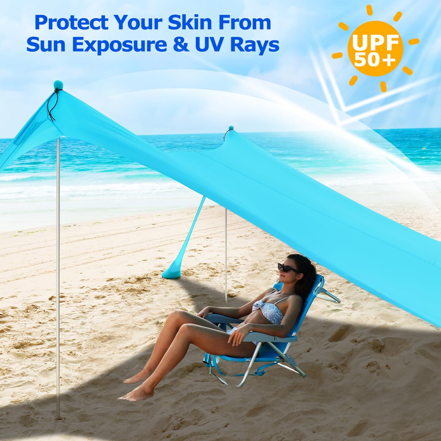COMMOUDS Beach Tent Sun Shelter - UPF50+ Pop Up Beach Canopy with Sandbags & Sand Shovel & Windproof Poles, Portable Sun Shade for Beach, Camping, Picnics, Backyard (10x10FT)