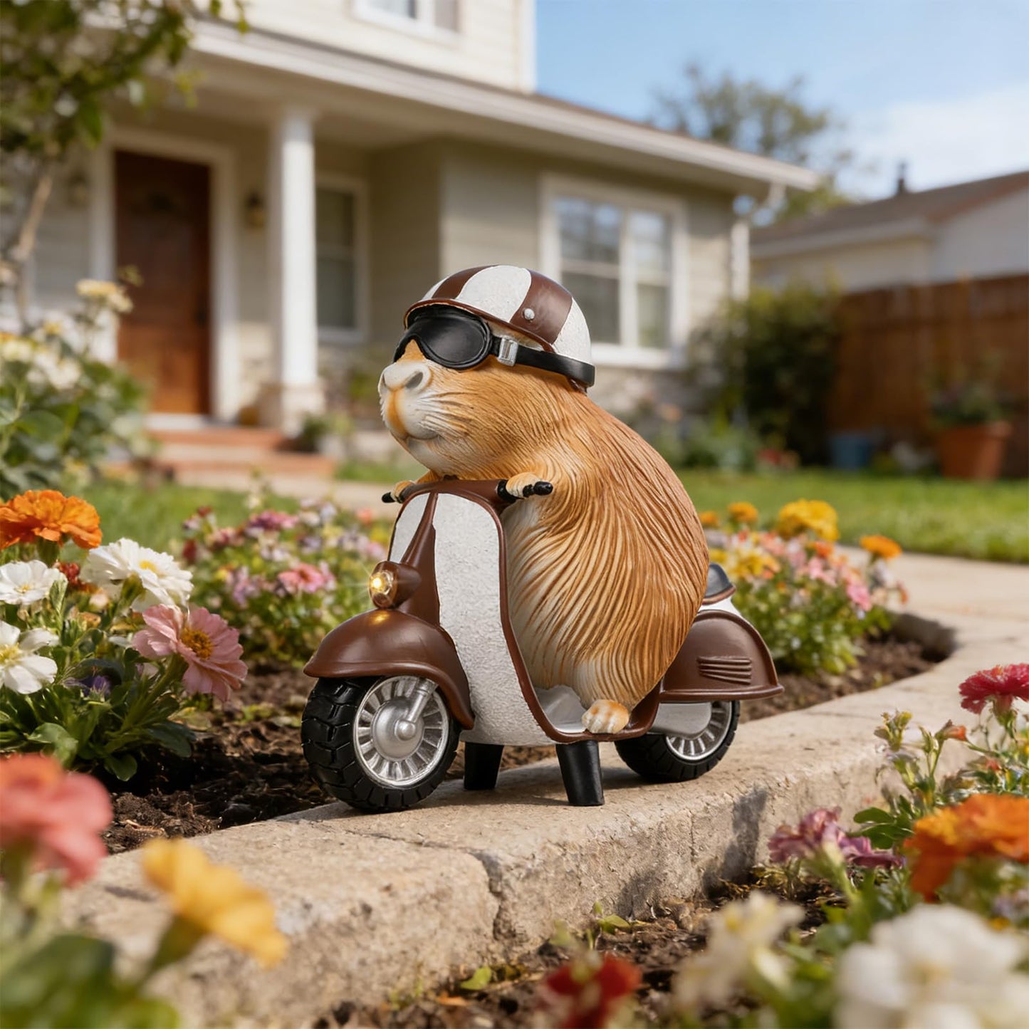 Capybara Solar Outdoor Figurine Light, Capybara Riding Motorcycle Garden Statue with LED Headlight, Waterproof Solar Powered Lawn Decor for Yard Patio Porch, 8.6” x 4.7” x 9.4”