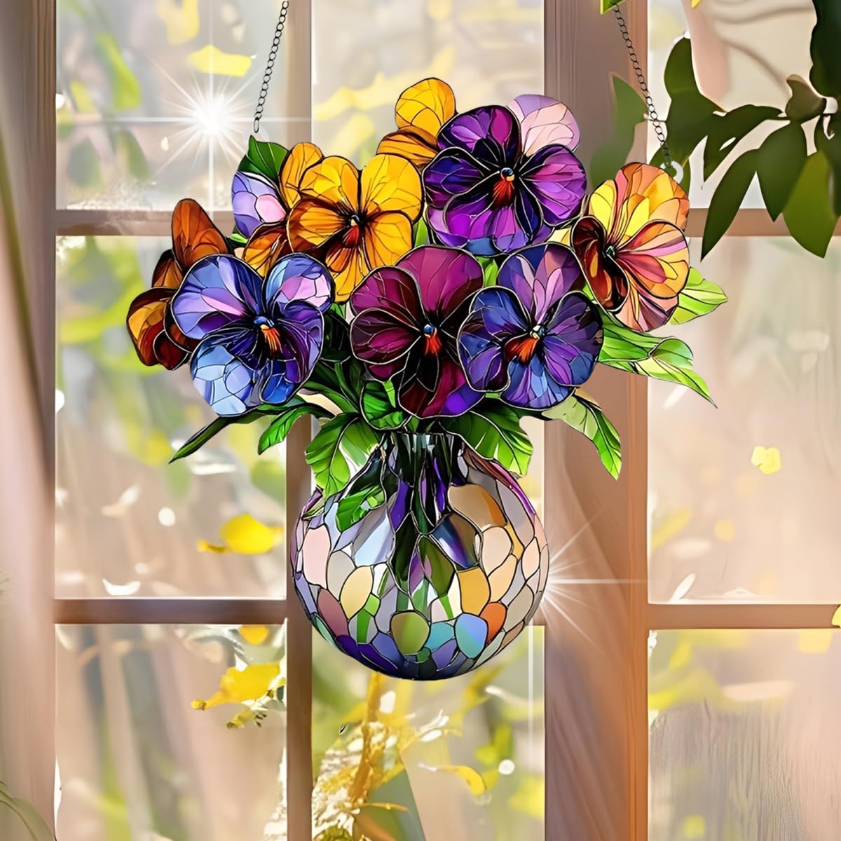 1PC Pansies in Vase Acrylic Suncatcher Hanging, 7.08 inch Window Decor with Printed Stained Glass Style Design, Rainbow Maker Wall Art, Gift Idea & Garden Ornament Indoor Outdoor Use/ZW-07