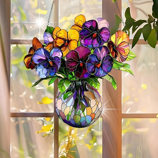 1PC Pansies in Vase Acrylic Suncatcher Hanging, 7.08 inch Window Decor with Printed Stained Glass Style Design, Rainbow Maker Wall Art, Gift Idea & Garden Ornament Indoor Outdoor Use/ZW-07