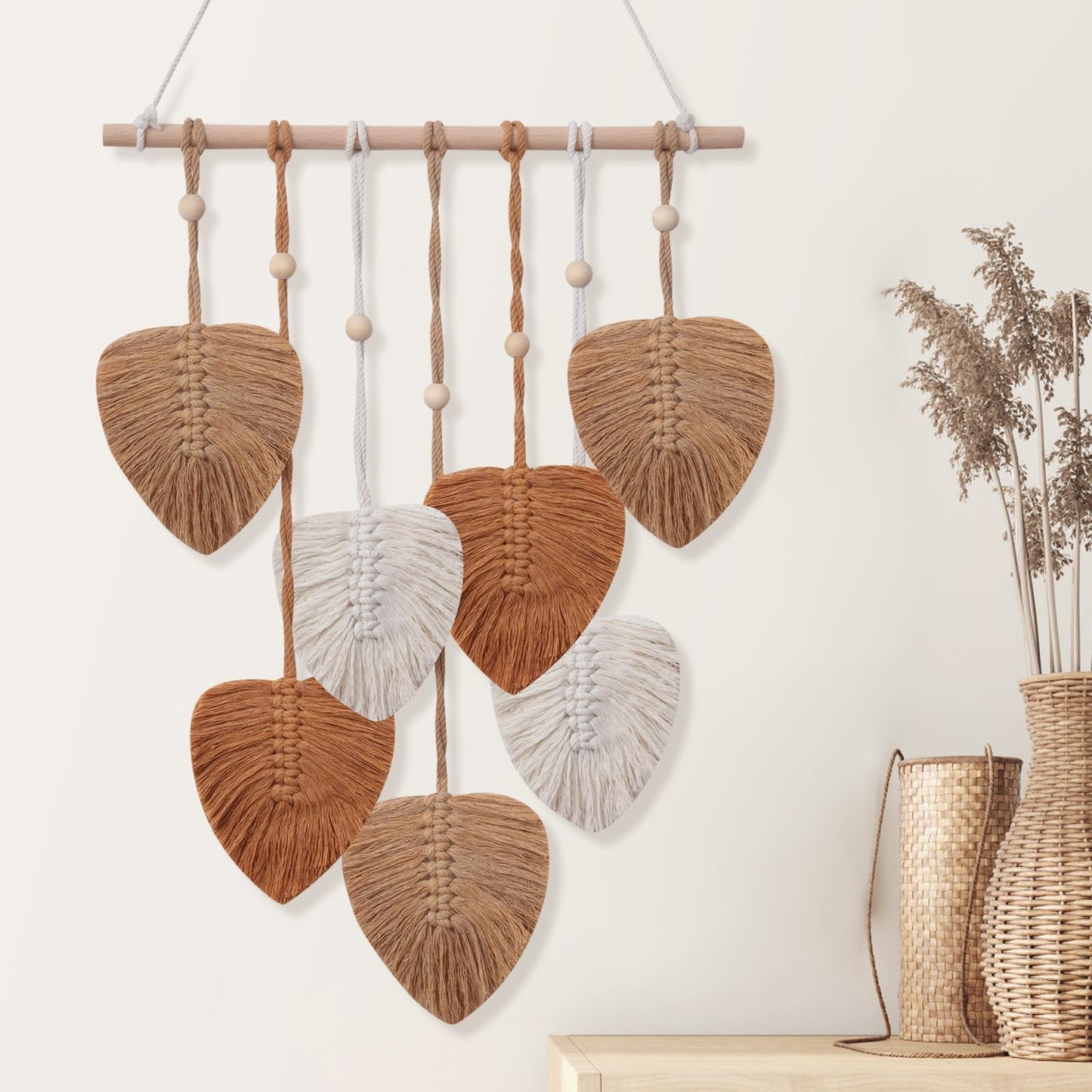 EaseMyKit Wall Hanging Decor Leaves Tapestry, Boho Wall Decor Woven Feather Handmade Yarn Tassels Leaf Macrame Wall Art Decorations for Living,Bedroom,Office,Nursery,Apartment Room,16x22 Inch(Brown)