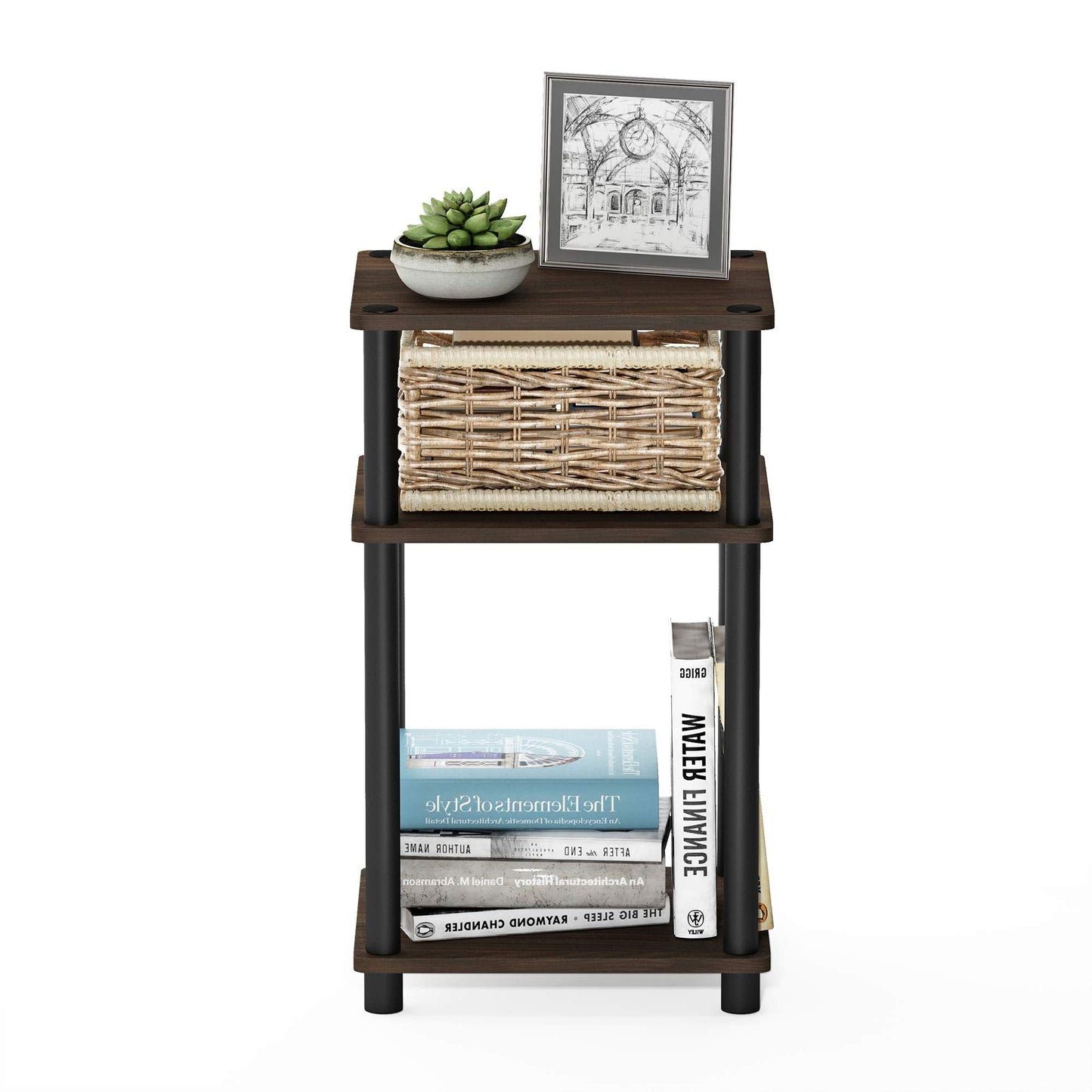 Furinno JUST Side Table, 3-Tier End Table, Open Shelves Night Stand, Bedside Table, Toolless Assembly, for Living Room, Bedroom, Bathroom, Columbia Walnut