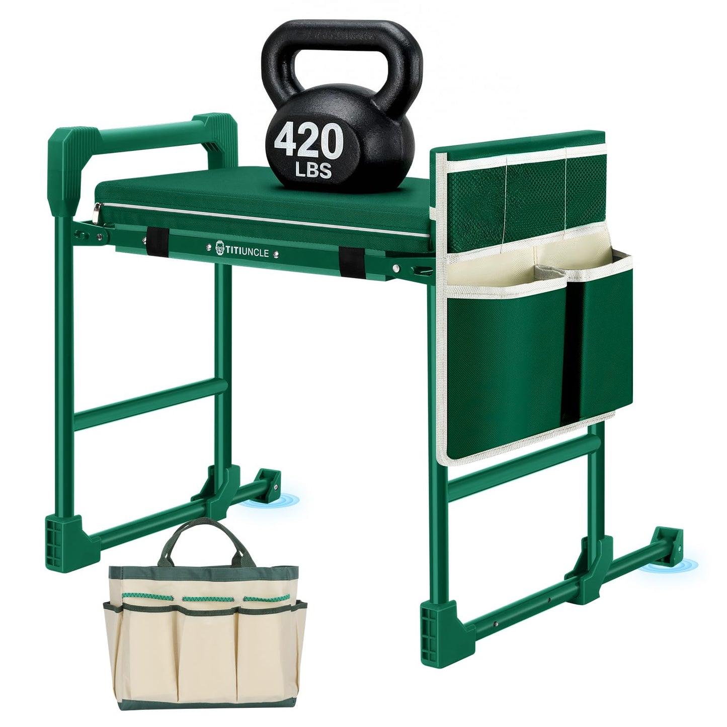 TITIUNCLE Garden Kneeler and Seat for Seniors: Heavy Duty 420 LBS Support Anti-Tip Multifunctional Gardening Stool Bench with Widened Thick Soft Kneeling Pad &Tool Bag - Foldable for Gardeners