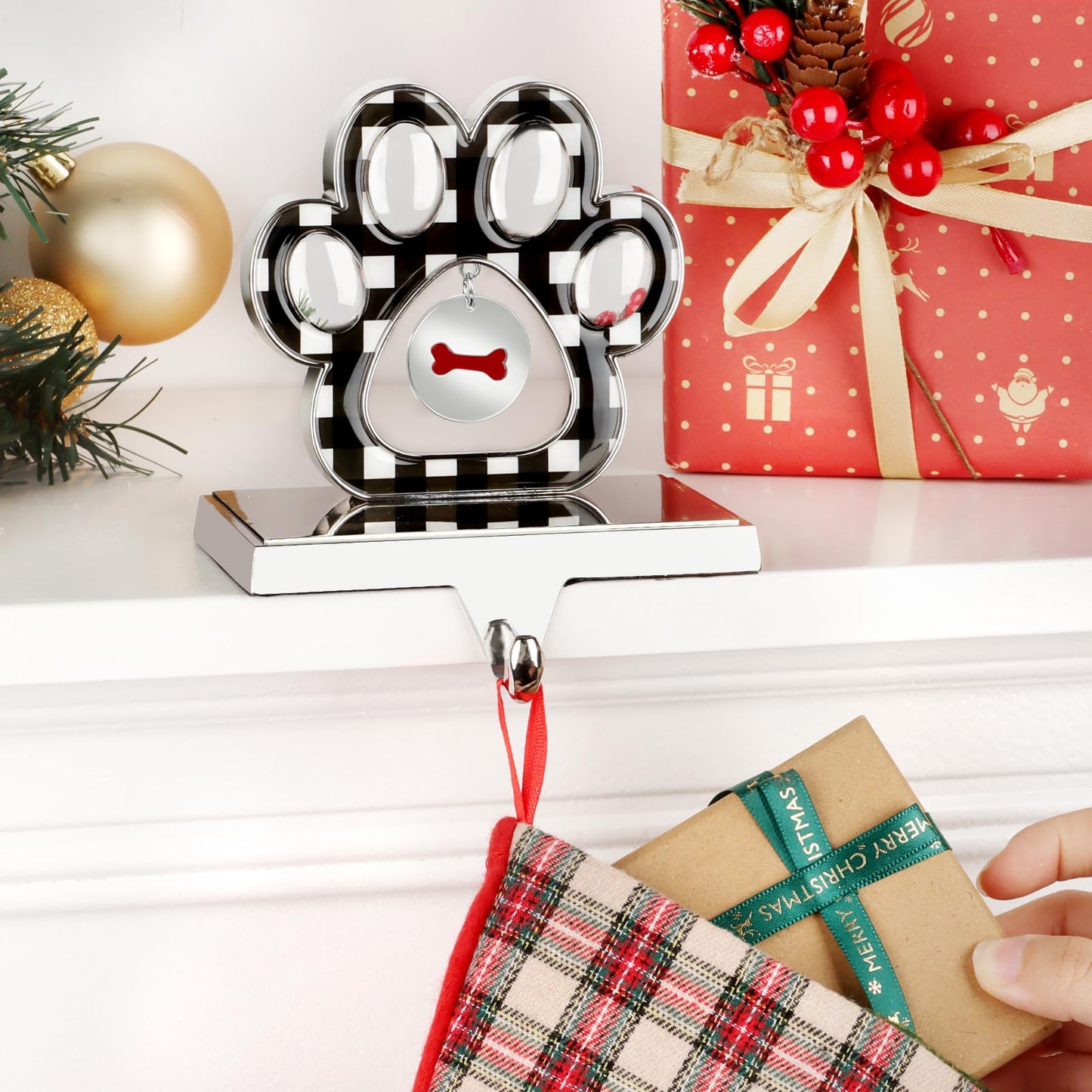 Fowecelt Dog Paw Christmas Stocking Holder with Small Paw Pendant 3D Silver Metal Mantel Black Buffalo Plaid Stocking Hanger for Fireplace Mantel Shelf Stand Table Christmas Decor