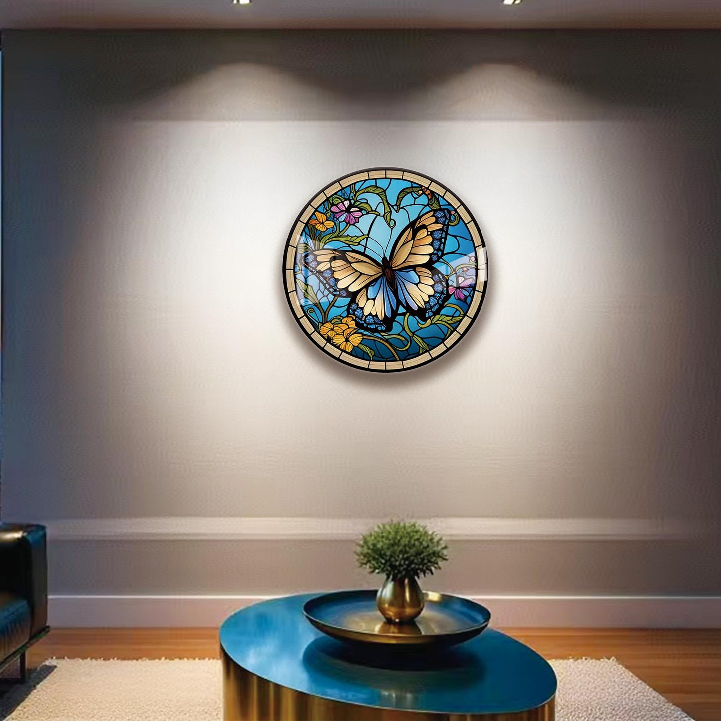 LMSDYSHU Butterflies and Mosaic,Tempered Glass Wall Art,unframed，Easy to clean,18"（45.72cm） Diameter (blue)