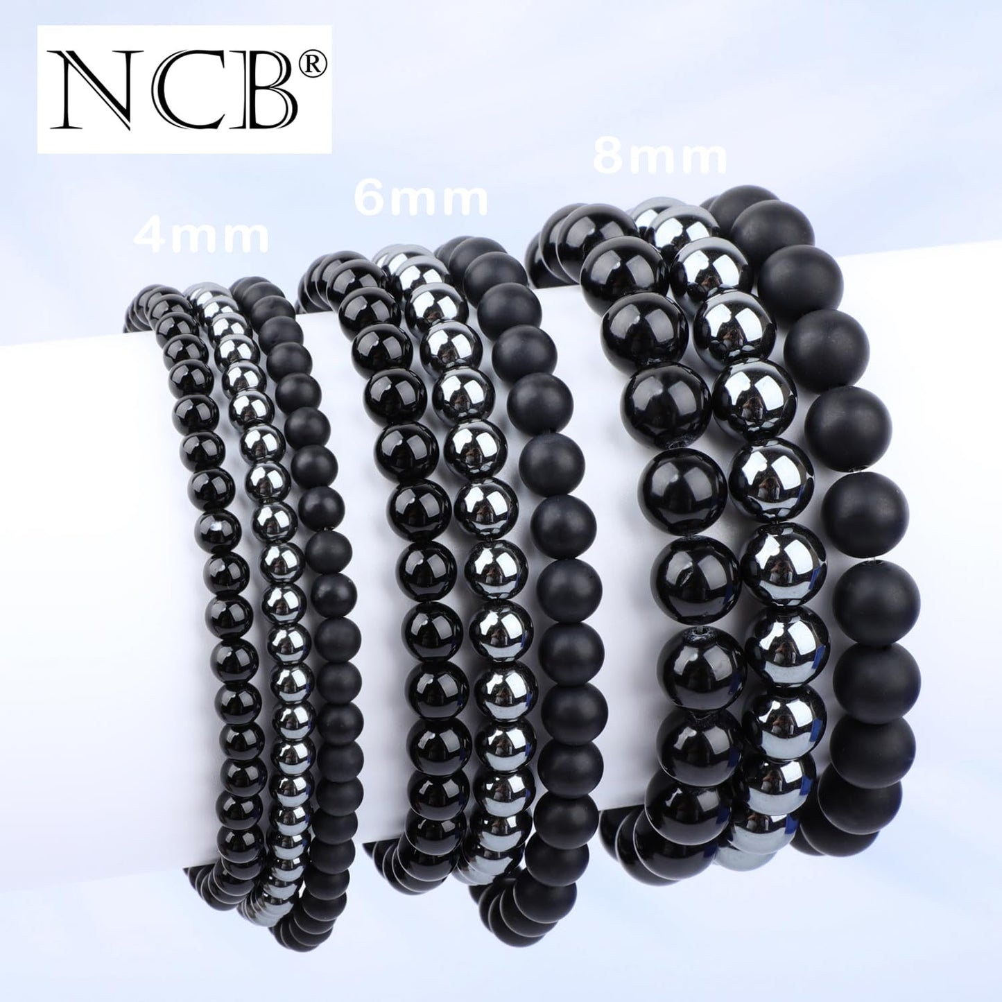 NCB 3-Piece 8mm Natural Crystal Gemstone Stretch Bracelets – ﻿Black Onyx, Hematite, Matte Black Agate Handmade Reiki Energy Healing Jewelry for Meditation,Yoga, Unisex
