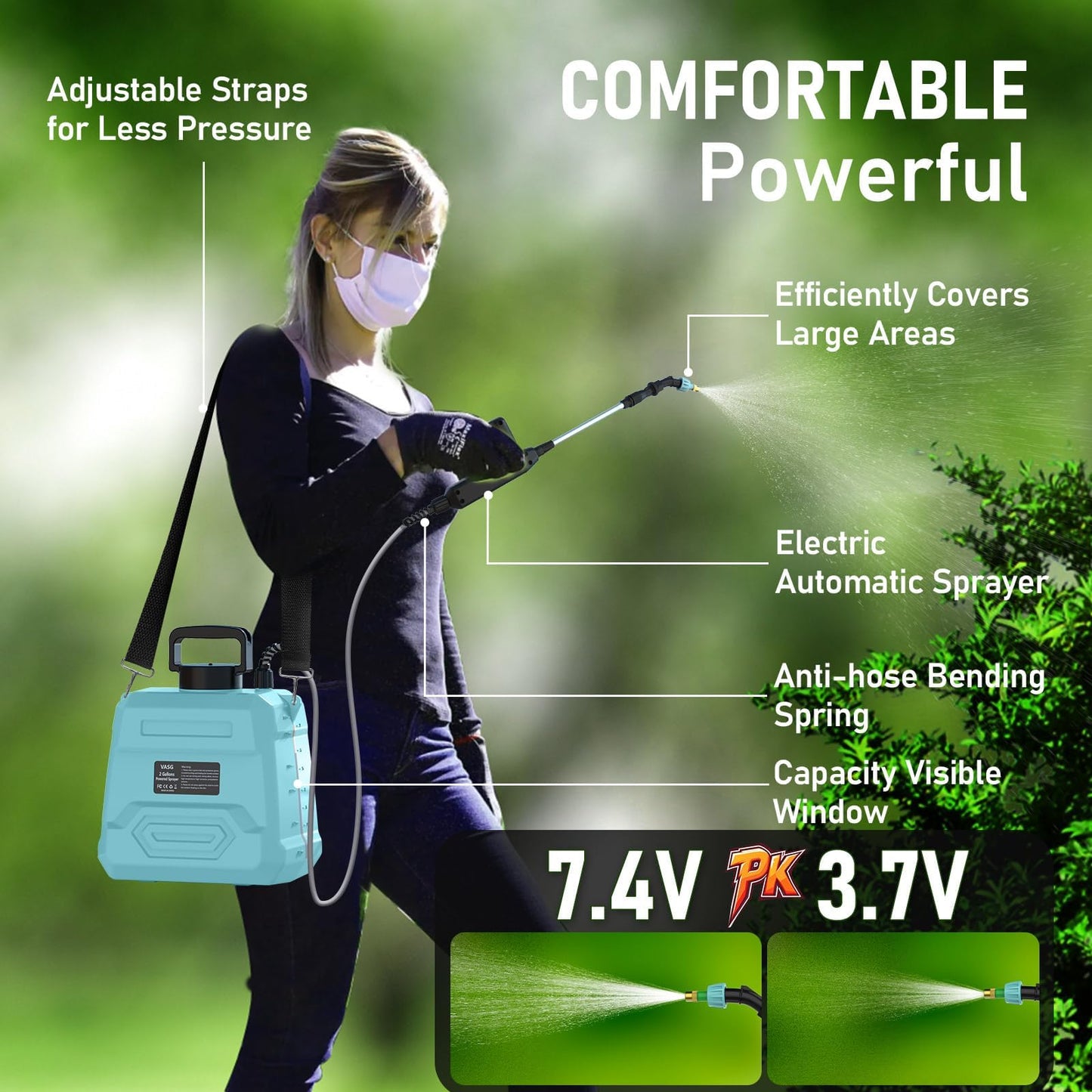 VASG Battery Powered Garden Sprayer 2 Gallon, 7.4V Powerful Electric Pump Sprayer, Weed Sprayer with USB Rechargeable Handle, 5 Mist Nozzles, Retractable Wand, Adjustable Strap for Lawn, Garden, Yard