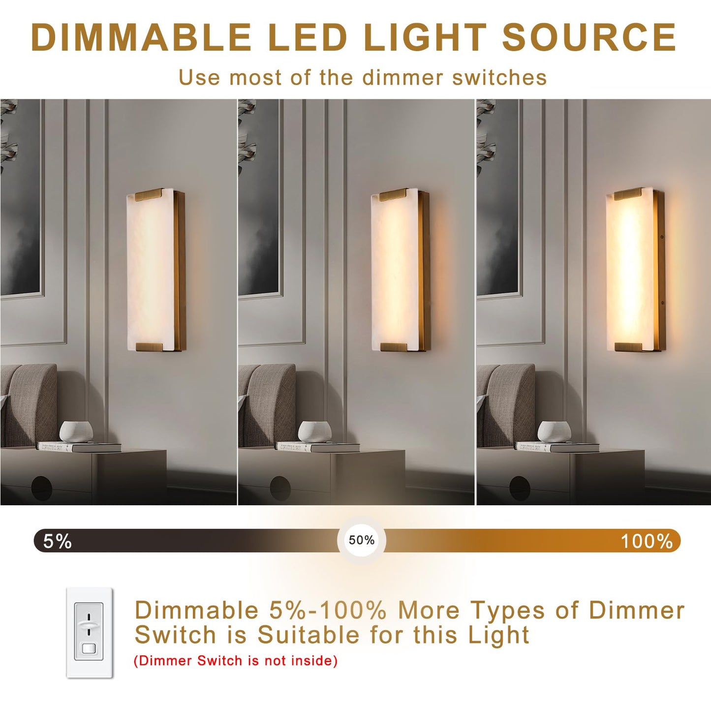 HOMLUCE 14.2in Alabaster Wall Sconce, Large Natural Marble Wall Light Decor, LED Modern Wall Lamp for Bedroom, Stairs, Living Room, Vanity, Bedside, Hallway （Brushed Bronze 12W）