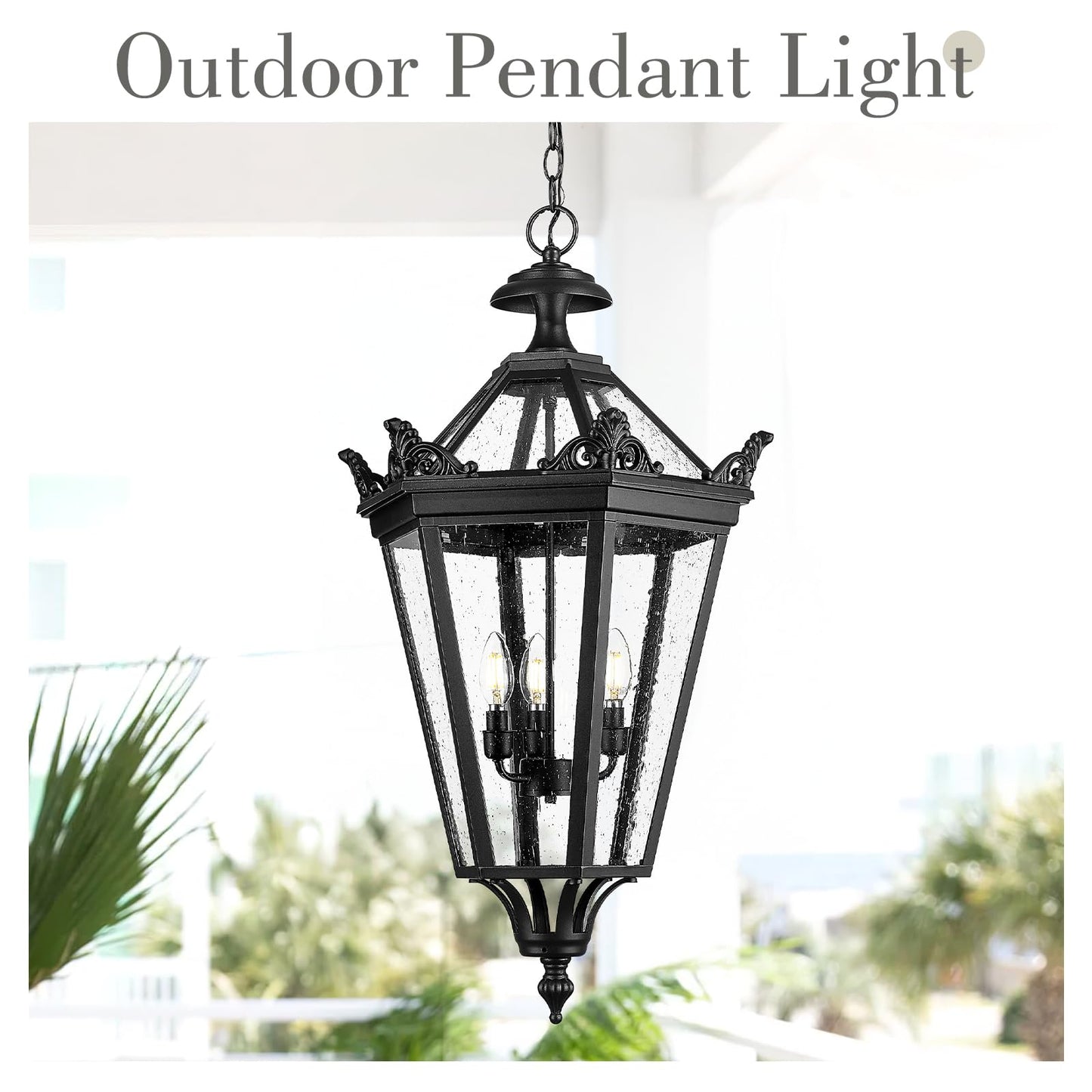 Emliviar 32 Inch Outdoor Front Door Hanging Light, Farmhouse Exterior Pendant Lantern Waterproof Ceiling Mount with Seeded Glass, Black Finish, XE283H BK