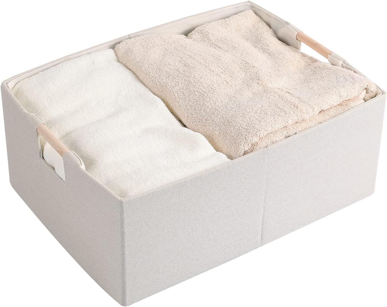 LaMorée Fabric Storage Bin Box Foldable Cotton Linen Storage Basket with Wooden Handles Rectangular Cube Decorative Home Laundry Organizer Clothes Blanket Container – Beige, Medium