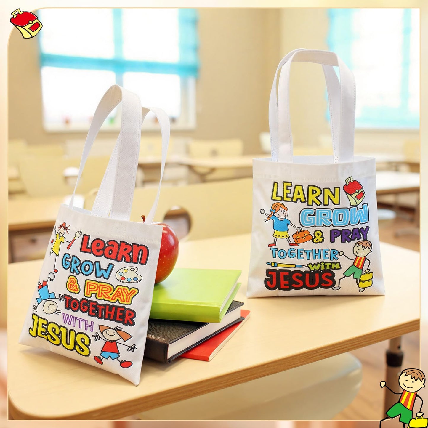Cosblank 36 Pcs Religious Tote Bags Bulk for Kids Christian Learn Grow Pray Together with Jesus Gift Tote Christian Canvas Bags for Sunday School Church Classroom Prizes Party Favors Supplies Gift