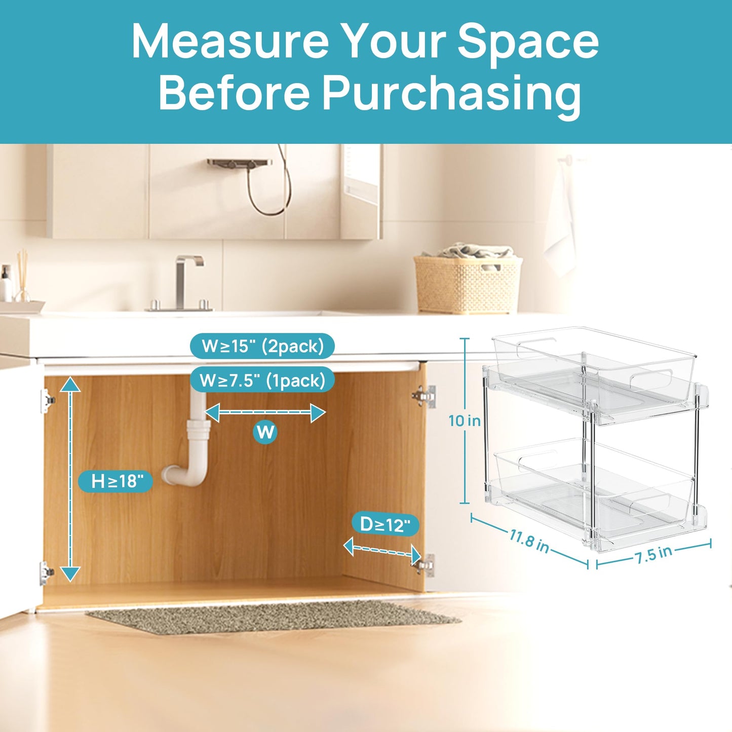 Vtopmart 4 Pack Bathroom Organizer, 2 Tier Clear Under Sink Organizers Vanity Countertop Storage Container,Cabinet Drawers Bins, Pull-Out Organization with Track for Pantry, Kitchen