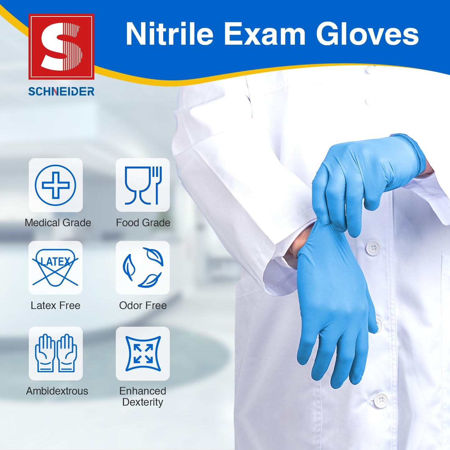 Schneider Nitrile Exam Gloves - M, 100-ct Box, Medical Grade Blue Disposable Gloves Latex Free, Rubber Glove for Cleaning, Cooking, Food Prep