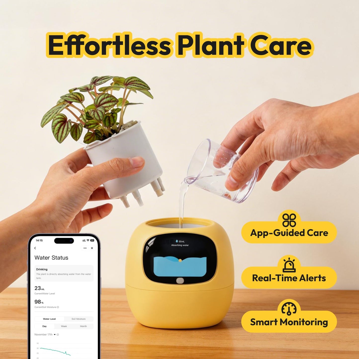 PLANTSIO Ivy Interactive AI Desk Companion, Smart Plant Pet with 100+ Expressions, Cute Indoor Planter for Office Decor, Unique Gift for Plant Lovers & Coworkers(Lemon)