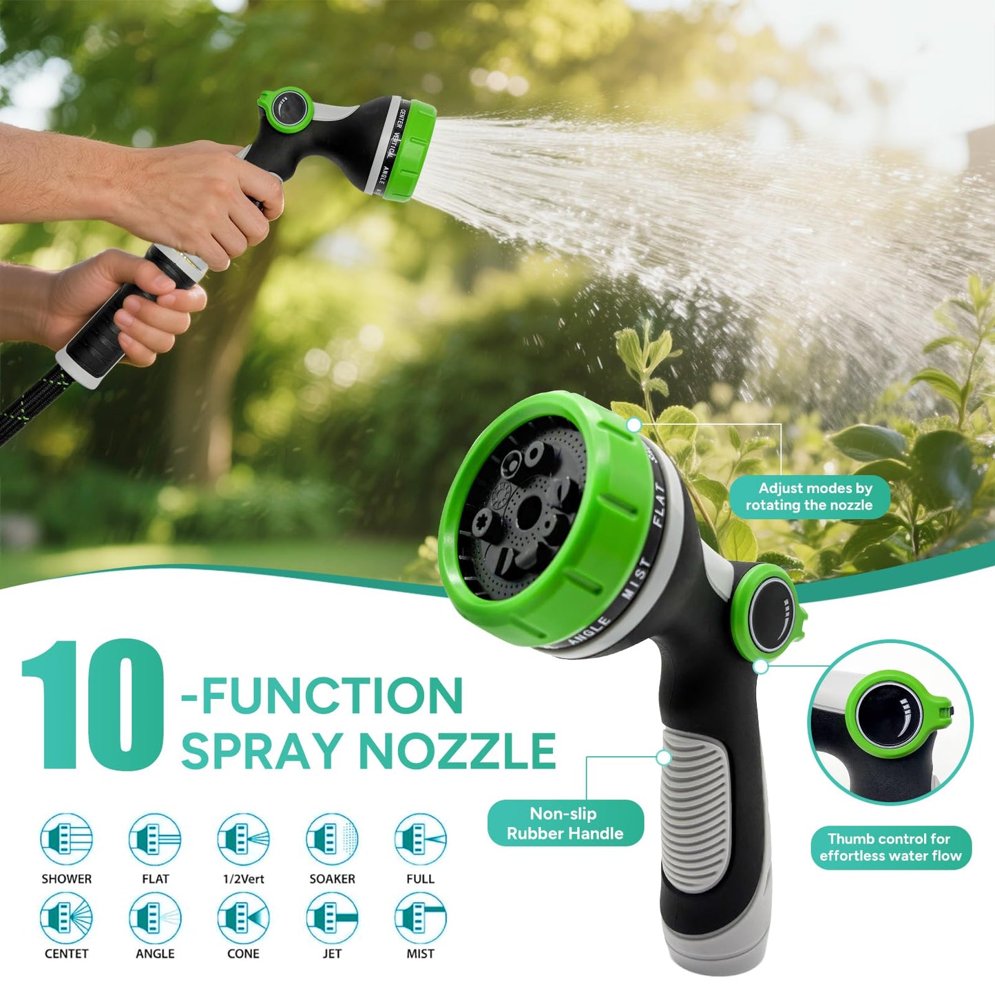 SOLMIO Garden Hose 50FT, Flexible Lightweight Non-Expandable Water Hose with 10 Function Nozzle,No-Kink, Leak-Proof, Burst-Resistant, High-Pressure for Yard, Outdoor