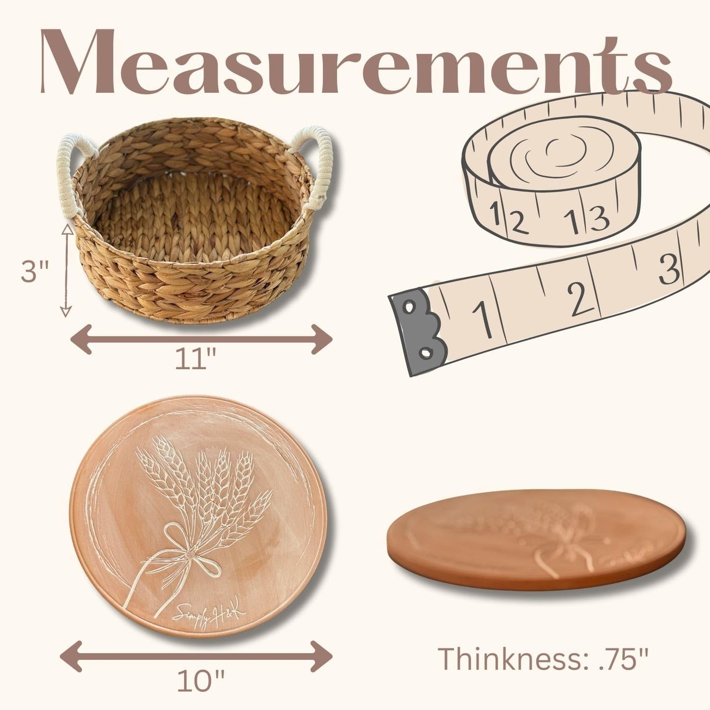 Simply H&K Bread Warmer Basket with Stone - Includes Reusable Bread Bag - 11" Round Basket with 10" Terracotta Stone - House Warming Gifts for Bakers - Instructions for use and cleaning