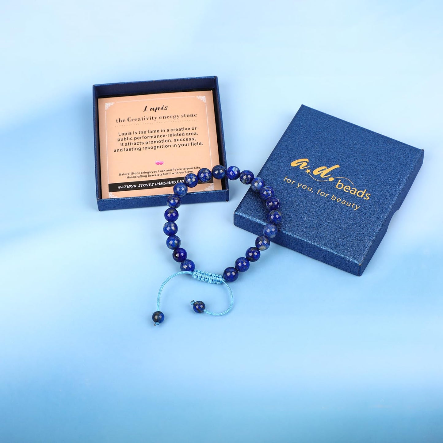 AD Beads 8mm Lapis Bracelet - Stone of the Creativity energy stone - Handmade Natural Stone Crystal Bracelet with Adjustable Macrame String - Yoga Healing Power Energy Gifts for Men and Women