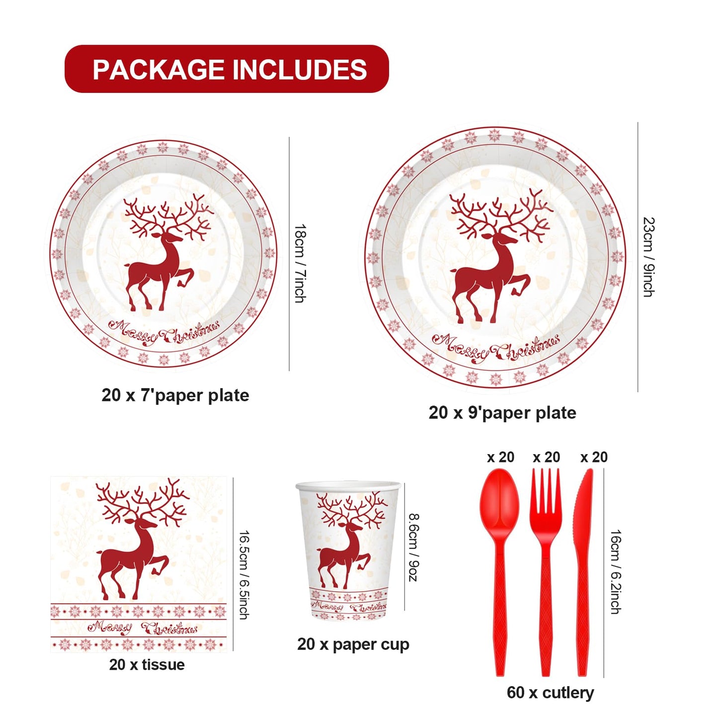 Xionpe 140-Pc Christmas Disposable Tableware Set for 20 Guests - Reindeer Themed Party Supplies with Dinner Plates, Dessert Plates, Napkins, Cups, Forks, Knives & Spoons