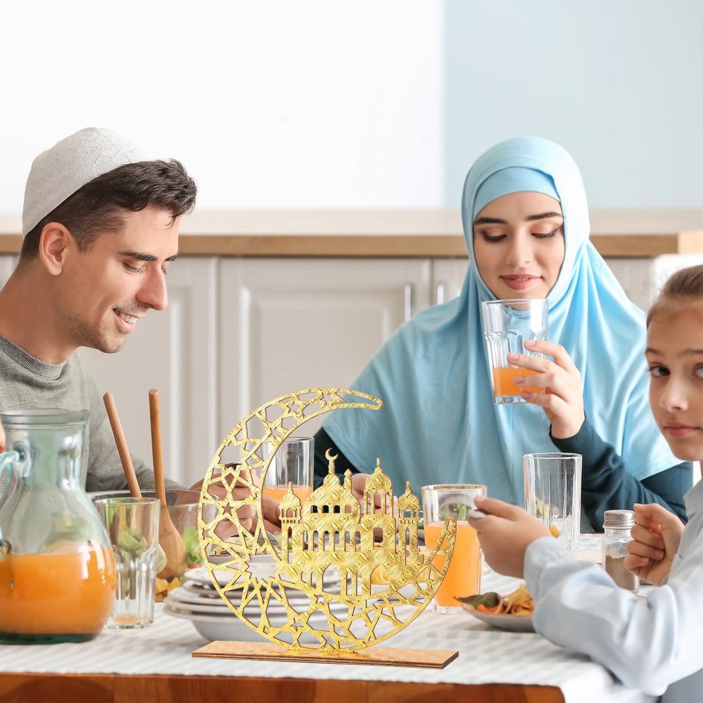 Hinsly Wood Ramadan Decorations for Home Islamic Eid Mubarak Kareem Table Sign Moon Hollow Star Ornament for Muslim Party Tabletop Decor Art Craft Decoration Golden Moon 2 Pieces