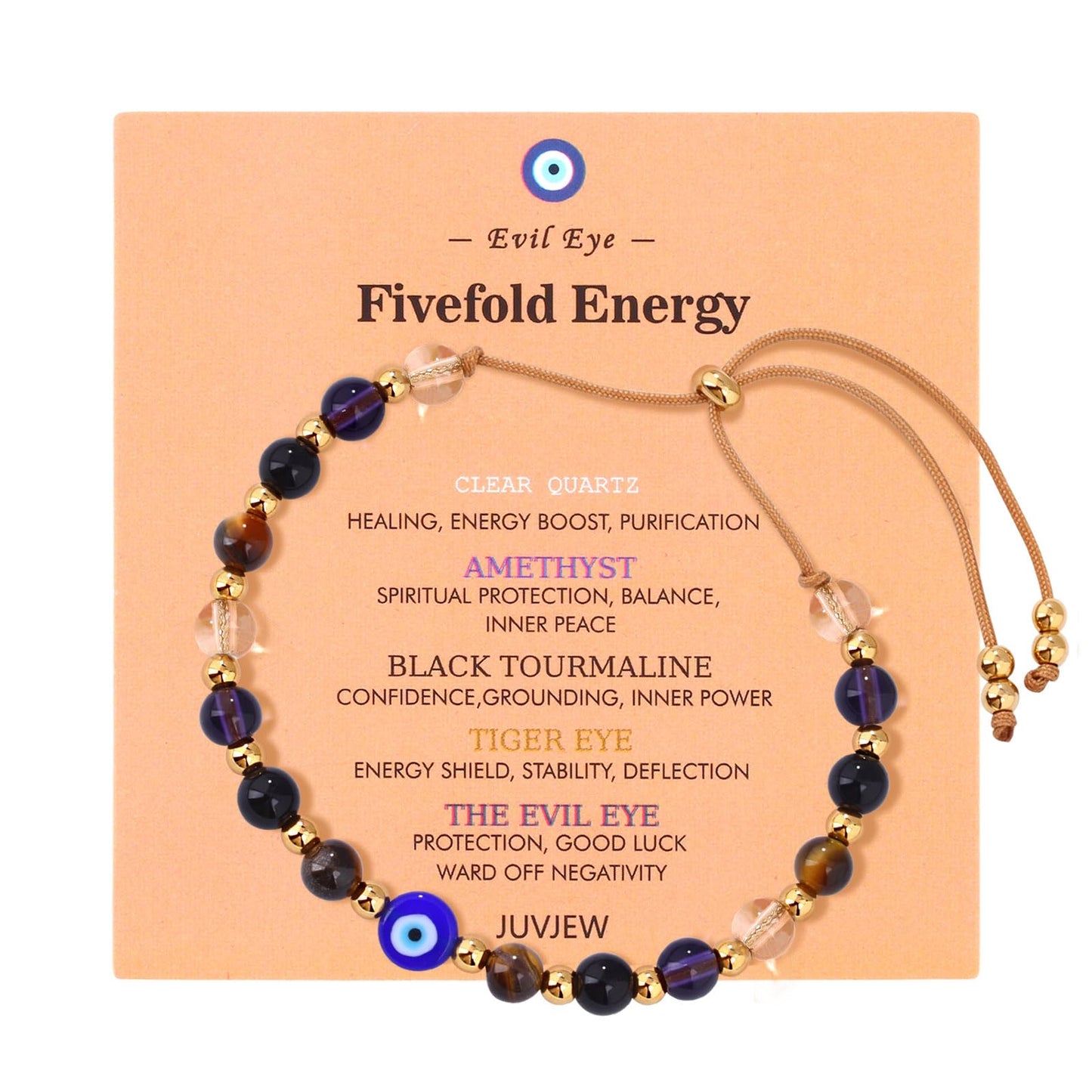 Cute Evil Eye Bracelet Red Black - Natural Crystal Protection Adjustable Spiritual Guardian Jewelry- 5 Healing Stones Clear Quartz Amethyst Black Tourmaline Tiger Eye Bracelet Adjustable (Blue Eye-Brown Rope)
