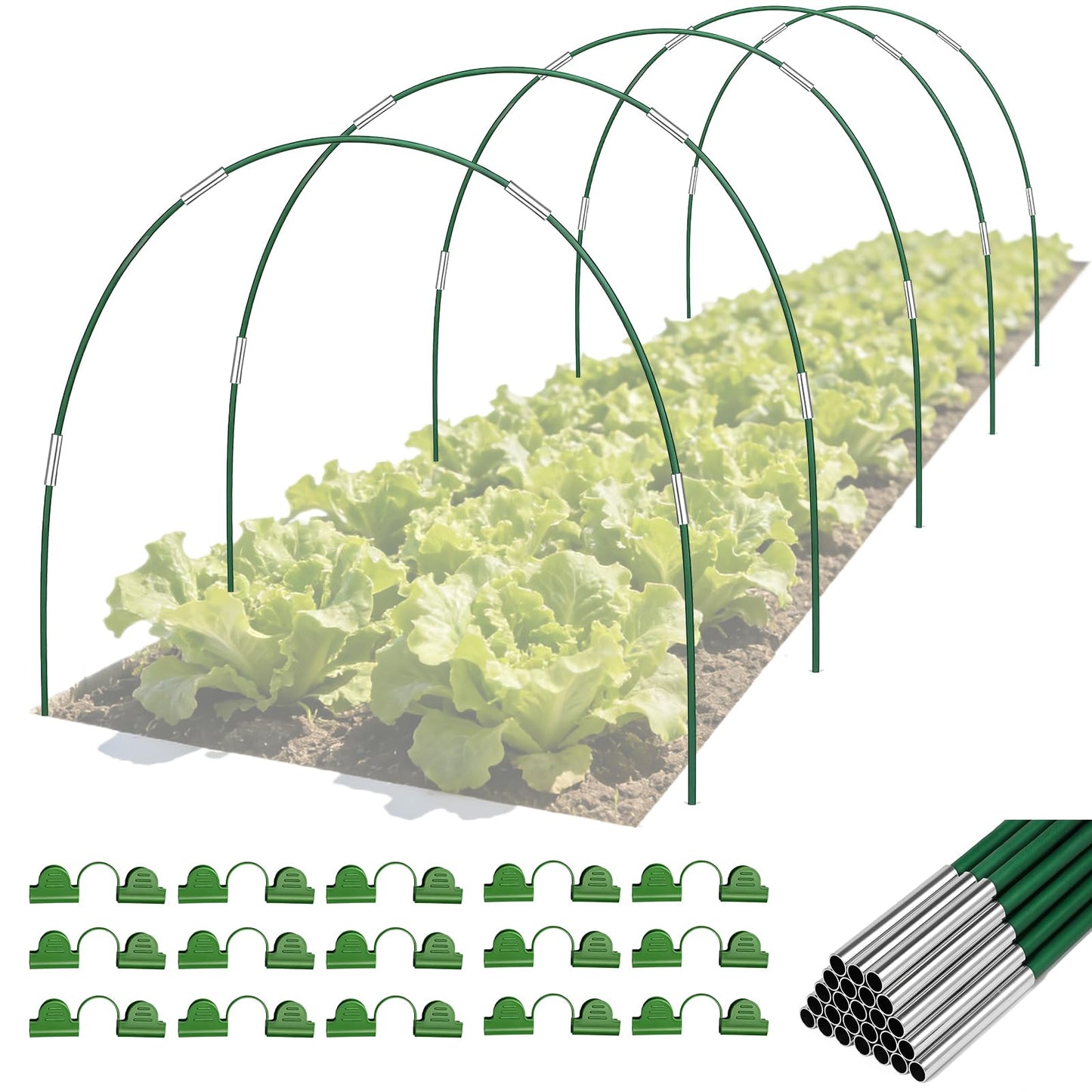 Nsitehalo 25pcs Garden Hoops for Raised Beds, Rust-Free Fiberglass Greenhouse Hoops Grow Tunnel with Clips, Support Hoop House Frame for Garden Netting & Fabric, Row Cover Plant Stakes for Vegetables