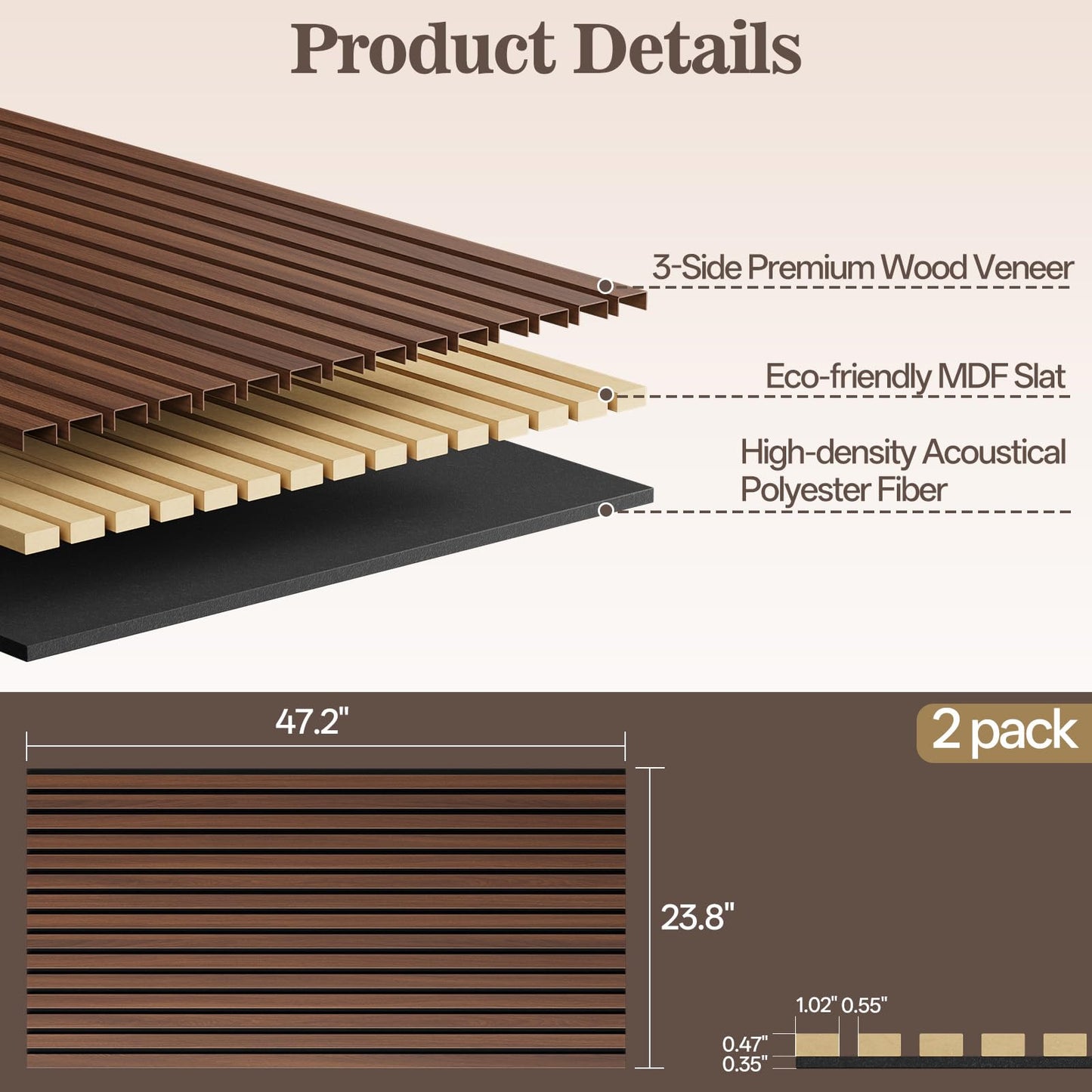 2 Pack Wood Panels for Wall, 47.24" x 23.81" Acoustic Wood Slat Wall Panel for Interior Decor & Noise Reduction, Soundproof Wood Wall Panel, Sound Absorbing Wall Panels for Home Office Studio, Walnut