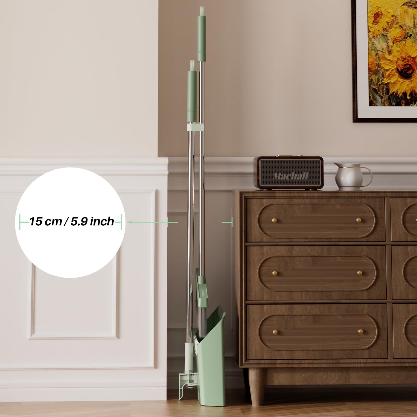 JOYMOOP Dark Teal Green Broom and Dustpan Set, Upright Angle with Built-in Comb Teeth, Ideal for Home, Office, Hardwood, Pet Hair